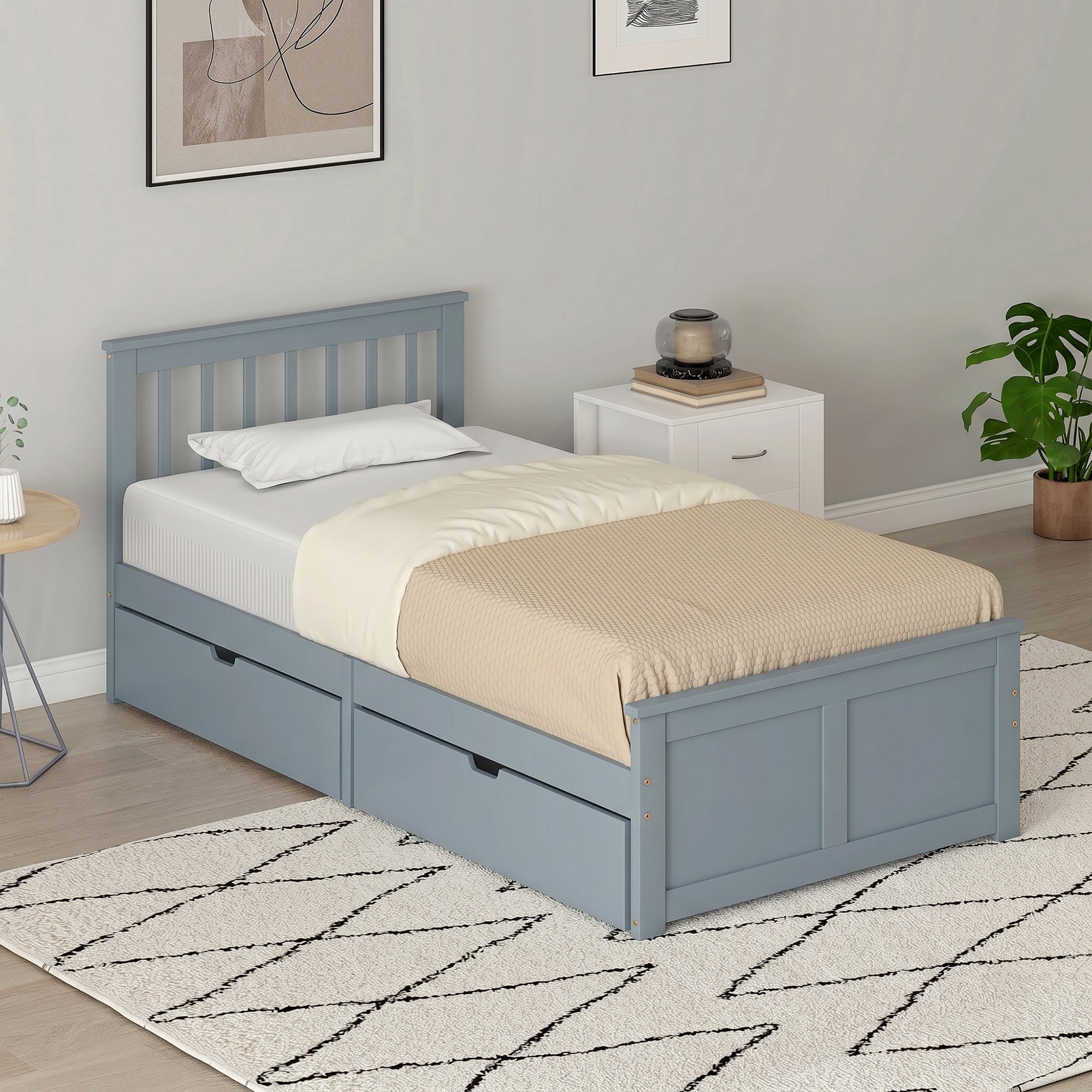 3ft Single Solid Wooden Bed Frame, Pine Storage Bed with Drawers, Headboard, Wood Slat Support, No Box Spring Needed, Easy Assembly, 90 x 190 cm, Grey