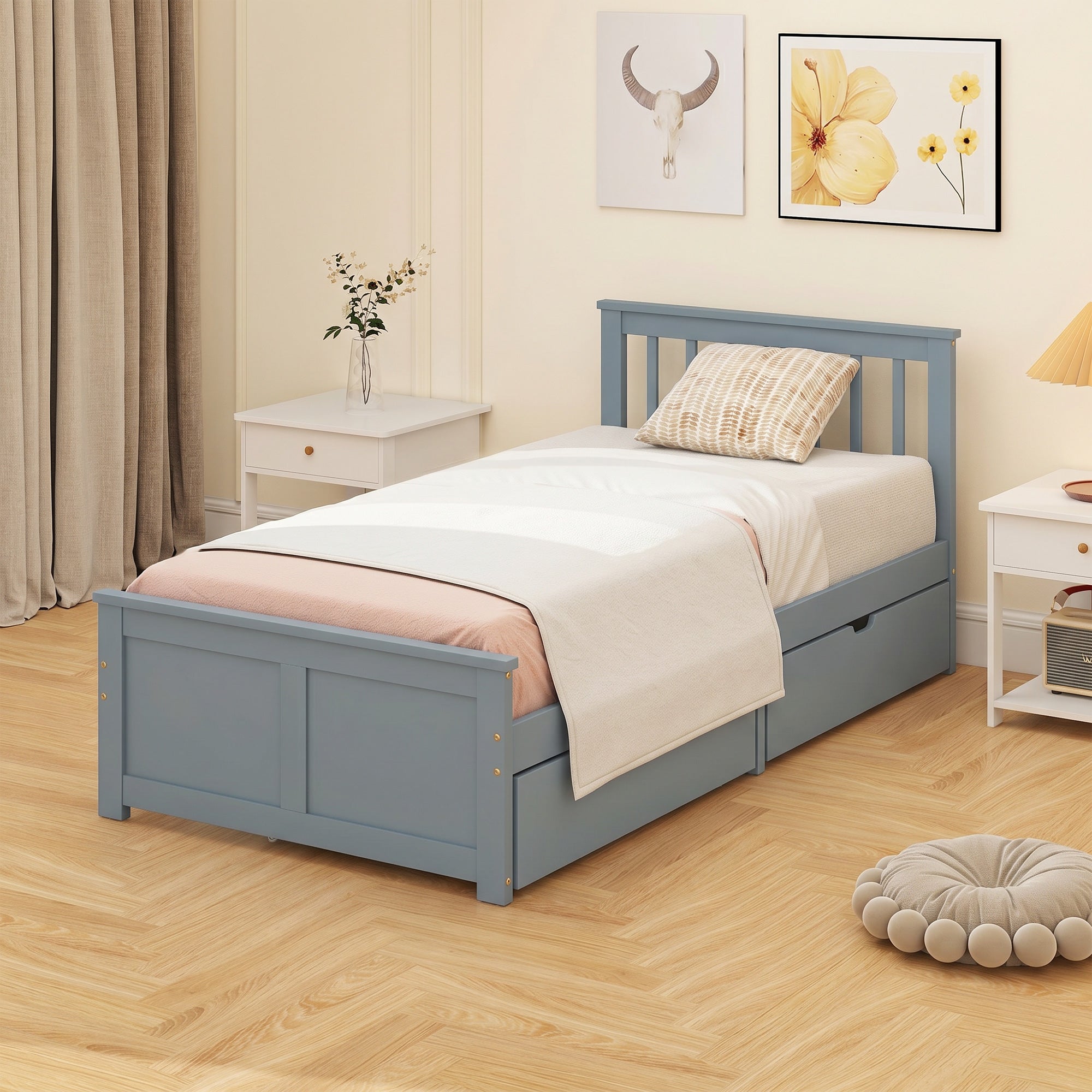 3ft Single Solid Wooden Bed Frame, Pine Storage Bed with Drawers, Headboard, Wood Slat Support, No Box Spring Needed, Easy Assembly, 90 x 190 cm, Grey