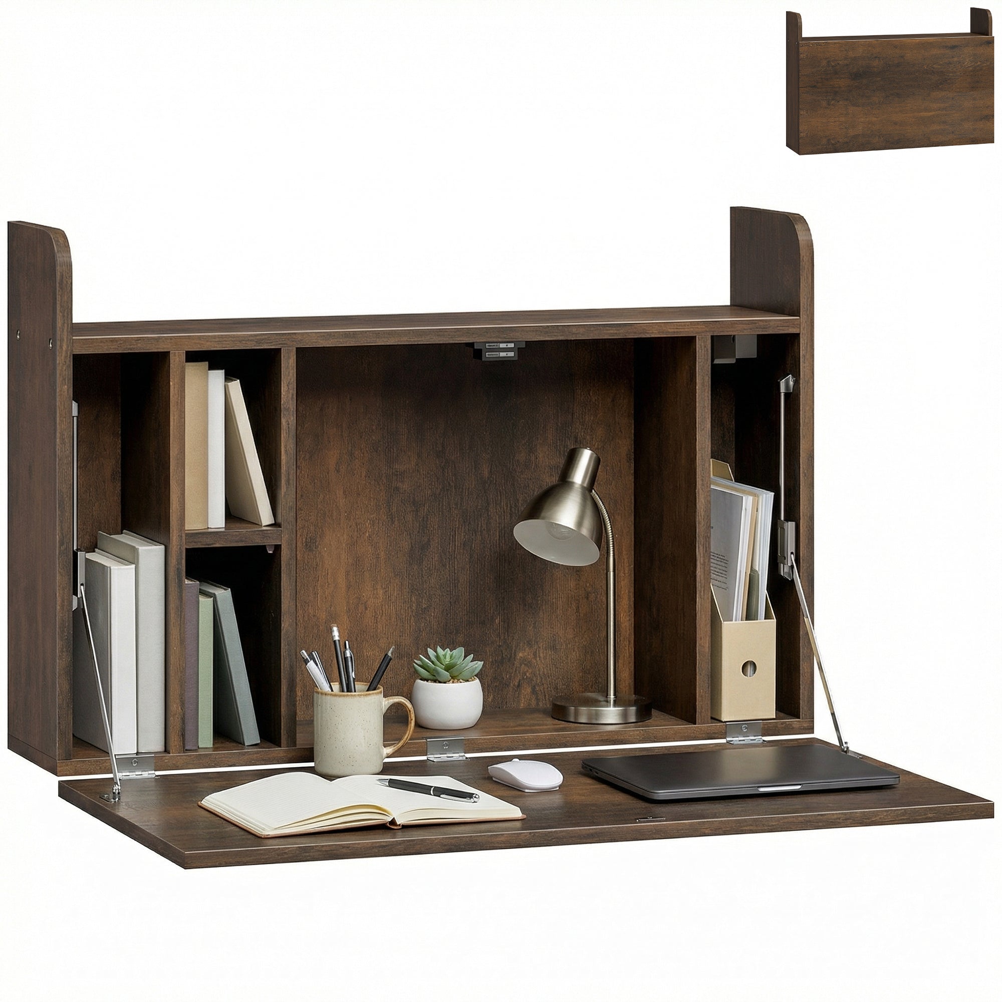 Wall Mounted Desk, Drop Leaf Floating Laptop Desk with Space Saving Storage Compartments for Home Office and Study, 77cm x 20cm x 51cm, Dark Brown
