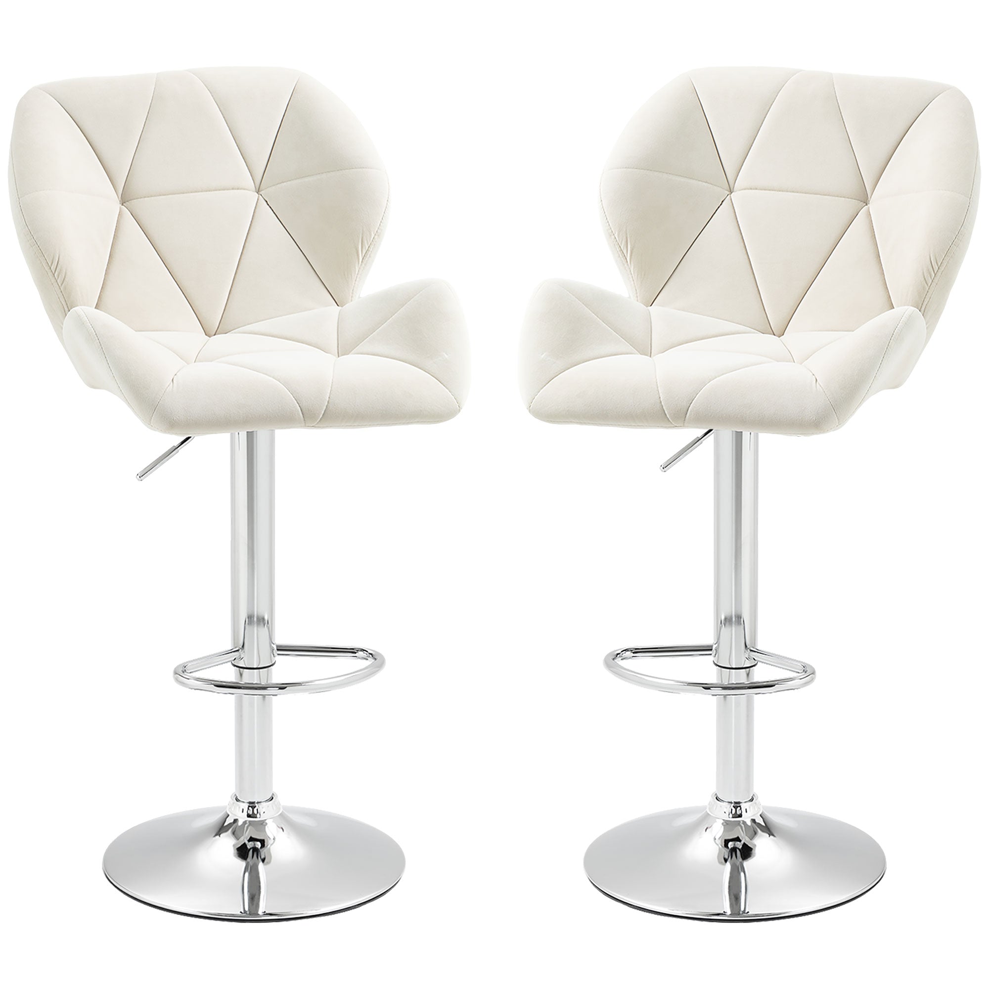 HOMCOM Adjustable Bar Stools Set of 2, Tufted Swivel Barstool with Back, Wide Seat and Footrest, Velvet Upholstered Bar Chairs for Kitchen, Dining Room, Cream White