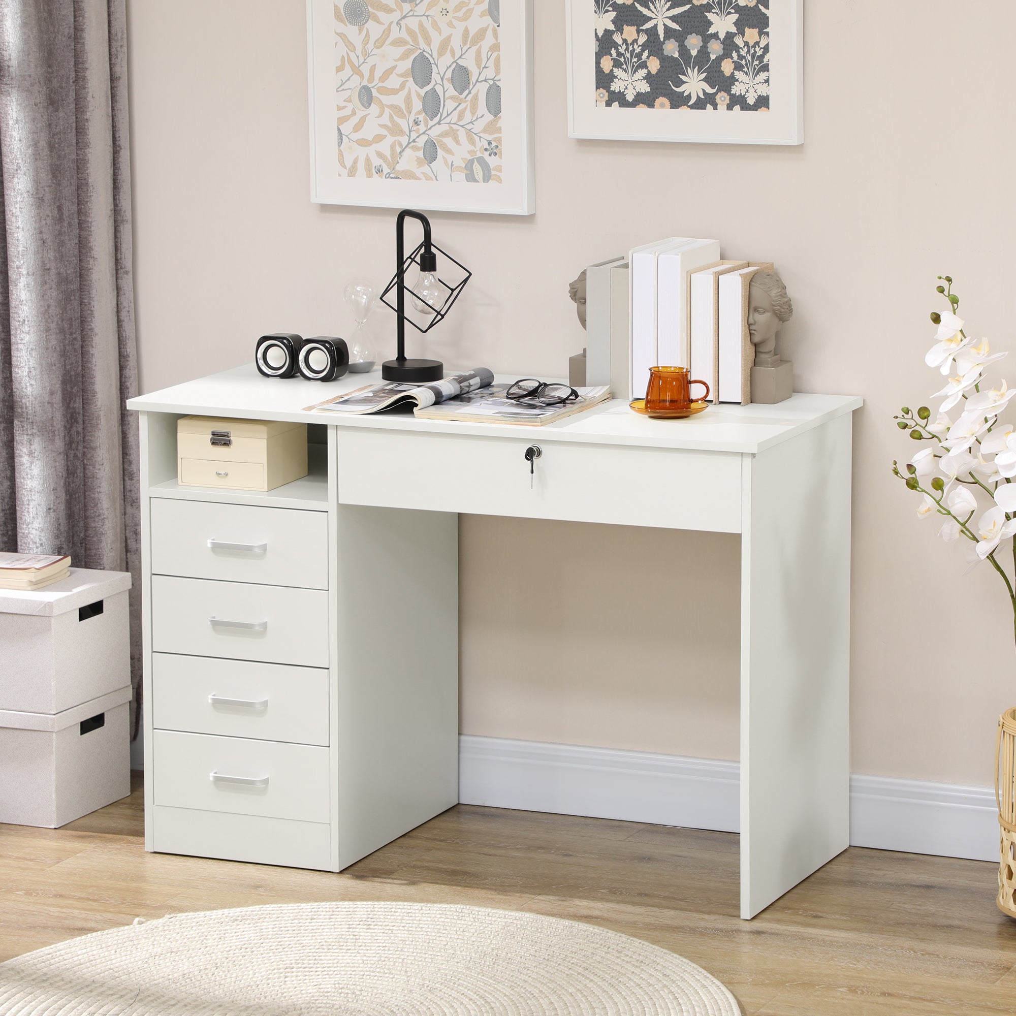 Vinsetto Computer Desk with Storage, Home Office Desk with Lockable Drawer and Open Compartment, White