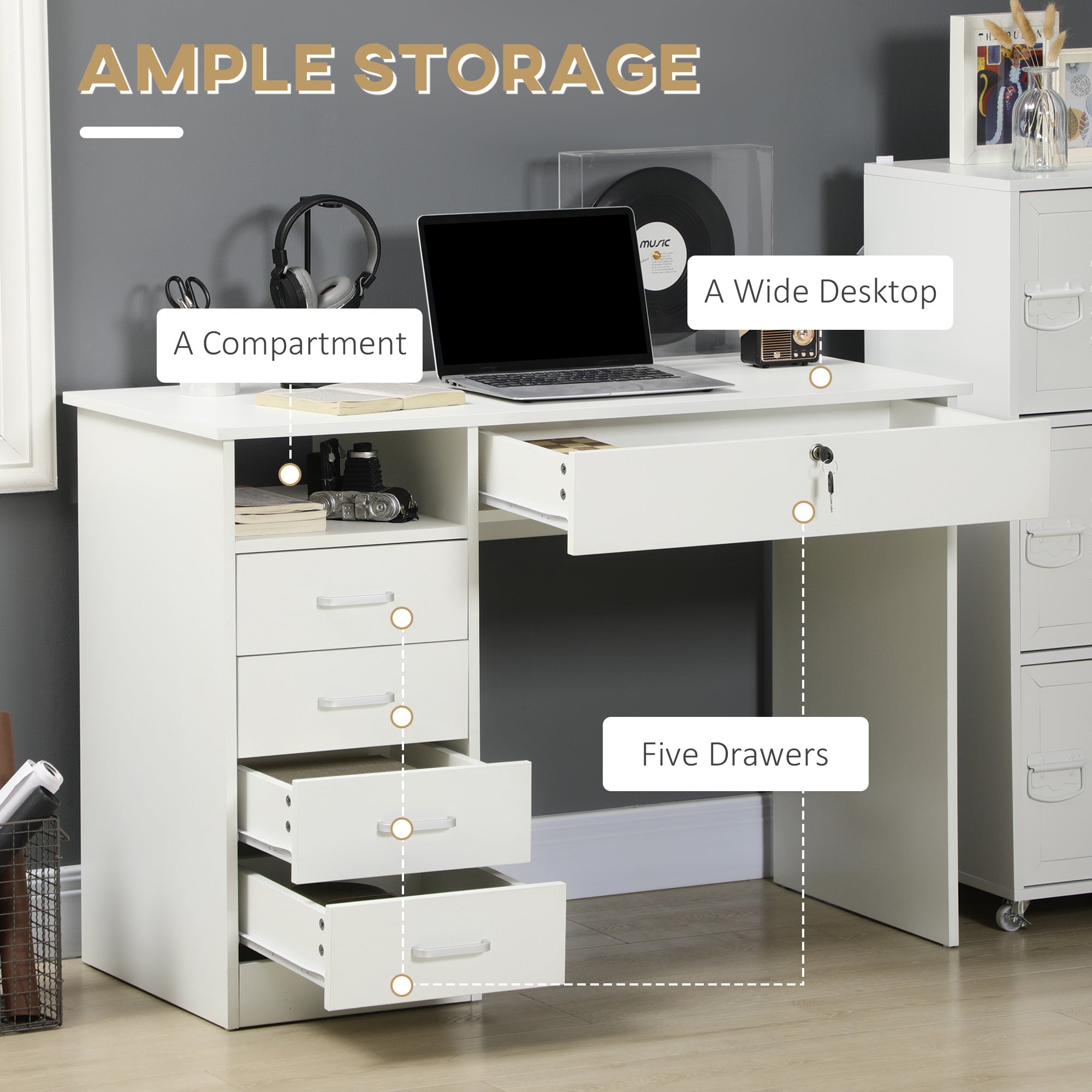 Vinsetto Computer Desk with Storage, Home Office Desk with Lockable Drawer and Open Compartment, White