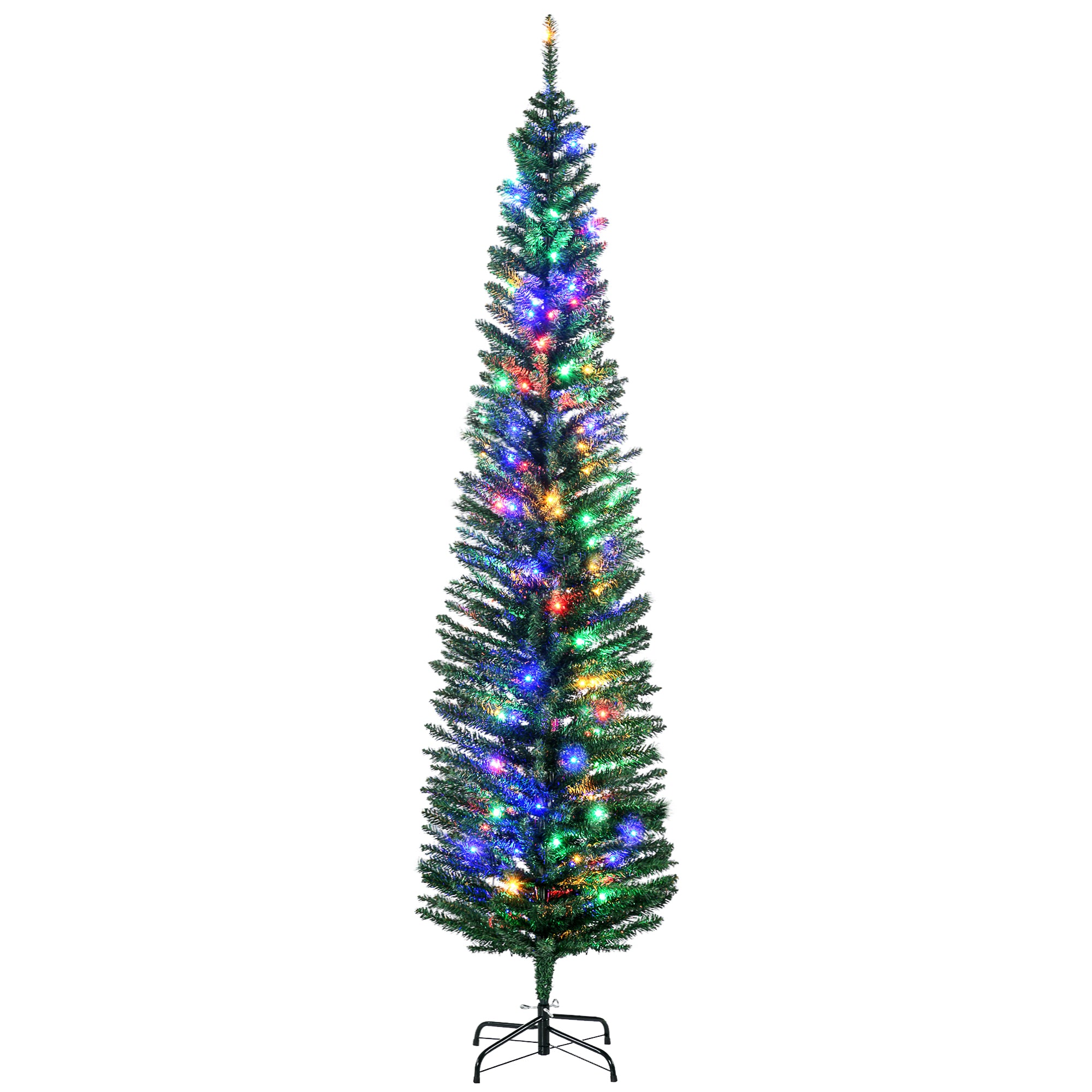 7' Artificial Pencil Christmas Trees Holiday Decoration with Colorful LED Lights, Steel Base, Skinny Shape