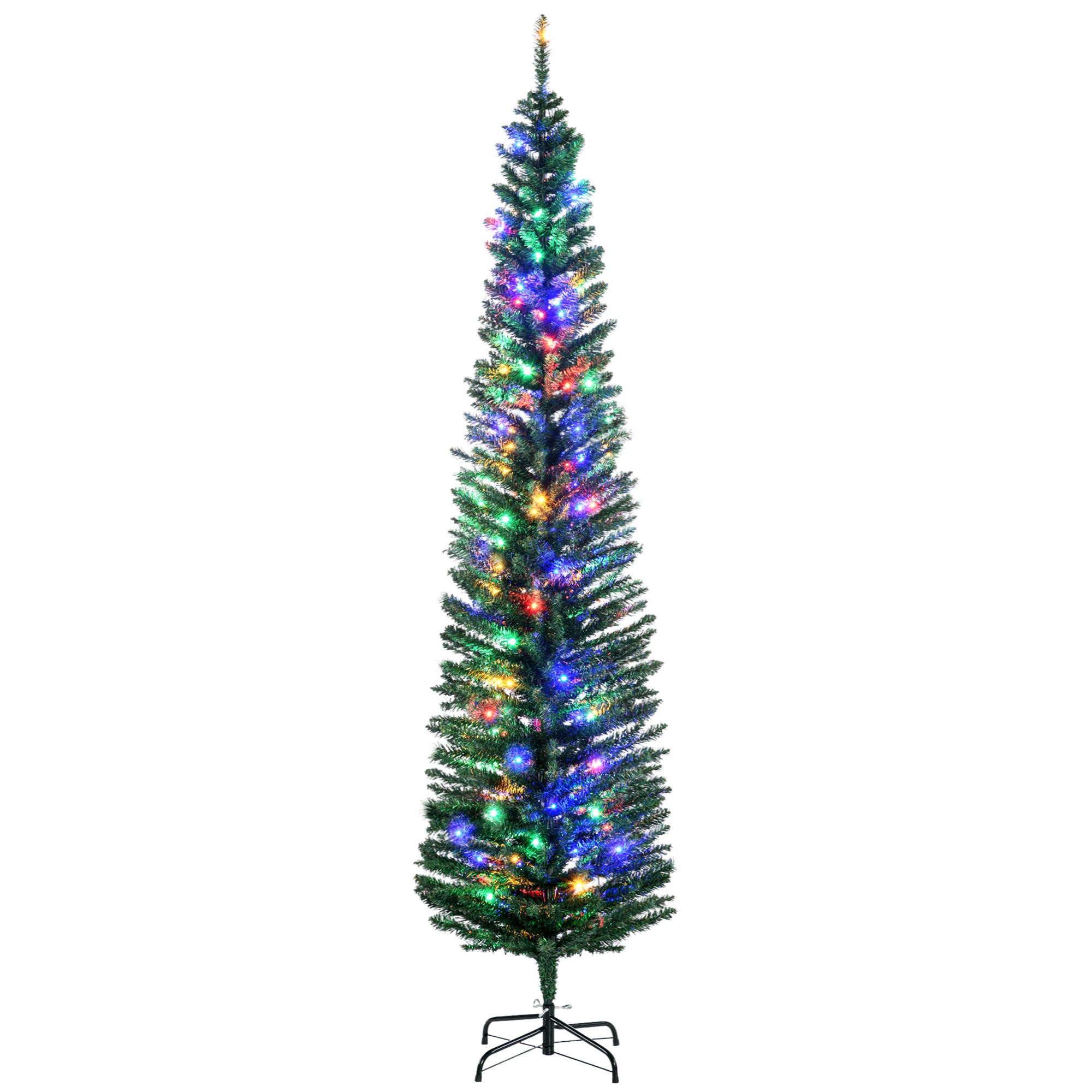 7' Artificial Pencil Christmas Trees Holiday Decoration with Colorful LED Lights, Steel Base, Skinny Shape