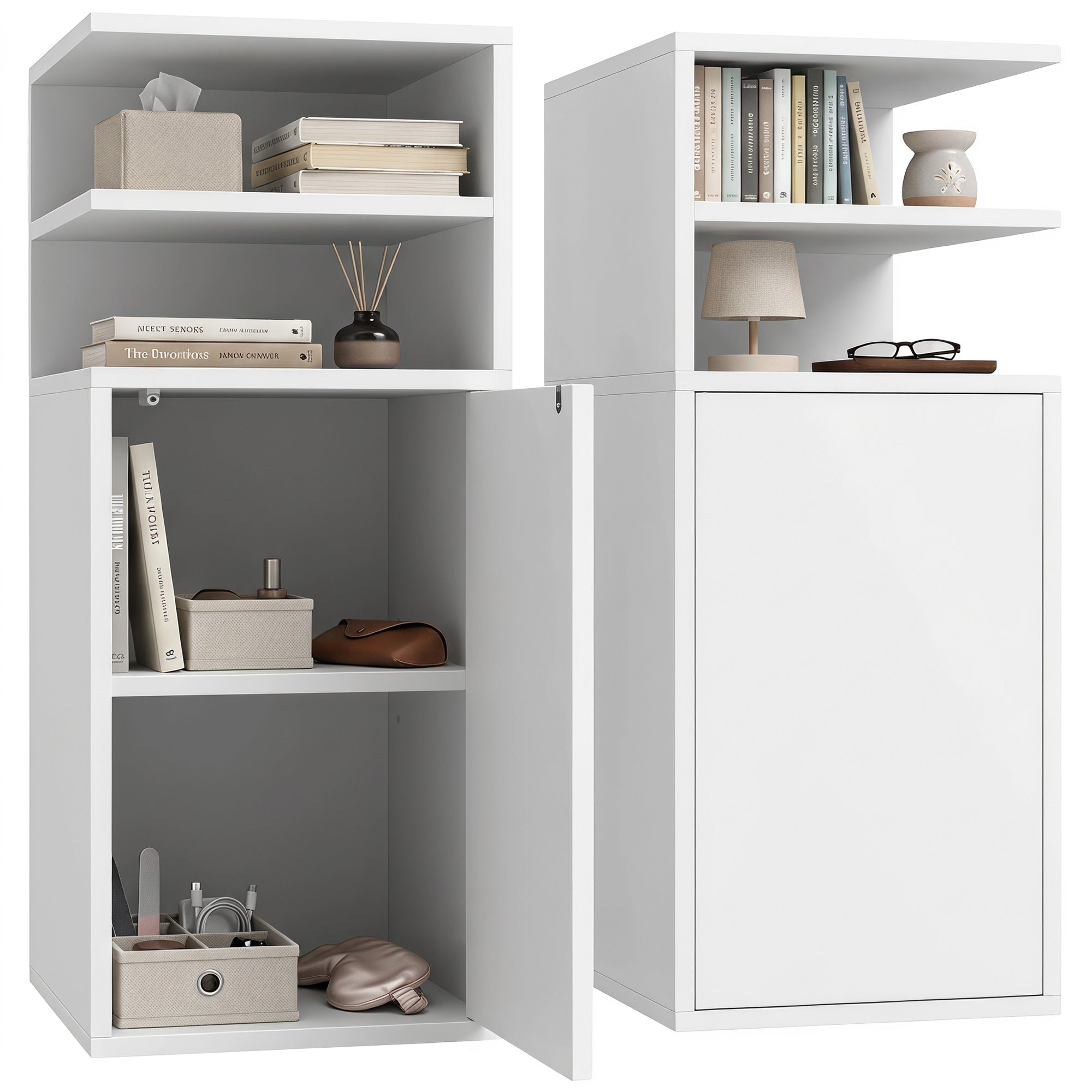 Slim Bedside Table Set of 2, Narrow Bedside Cabinet with Open Cubbies and Cupboard, Side End Table for Bedroom Living Room Compact Nooks, 30 x 25 x 60 cm, White