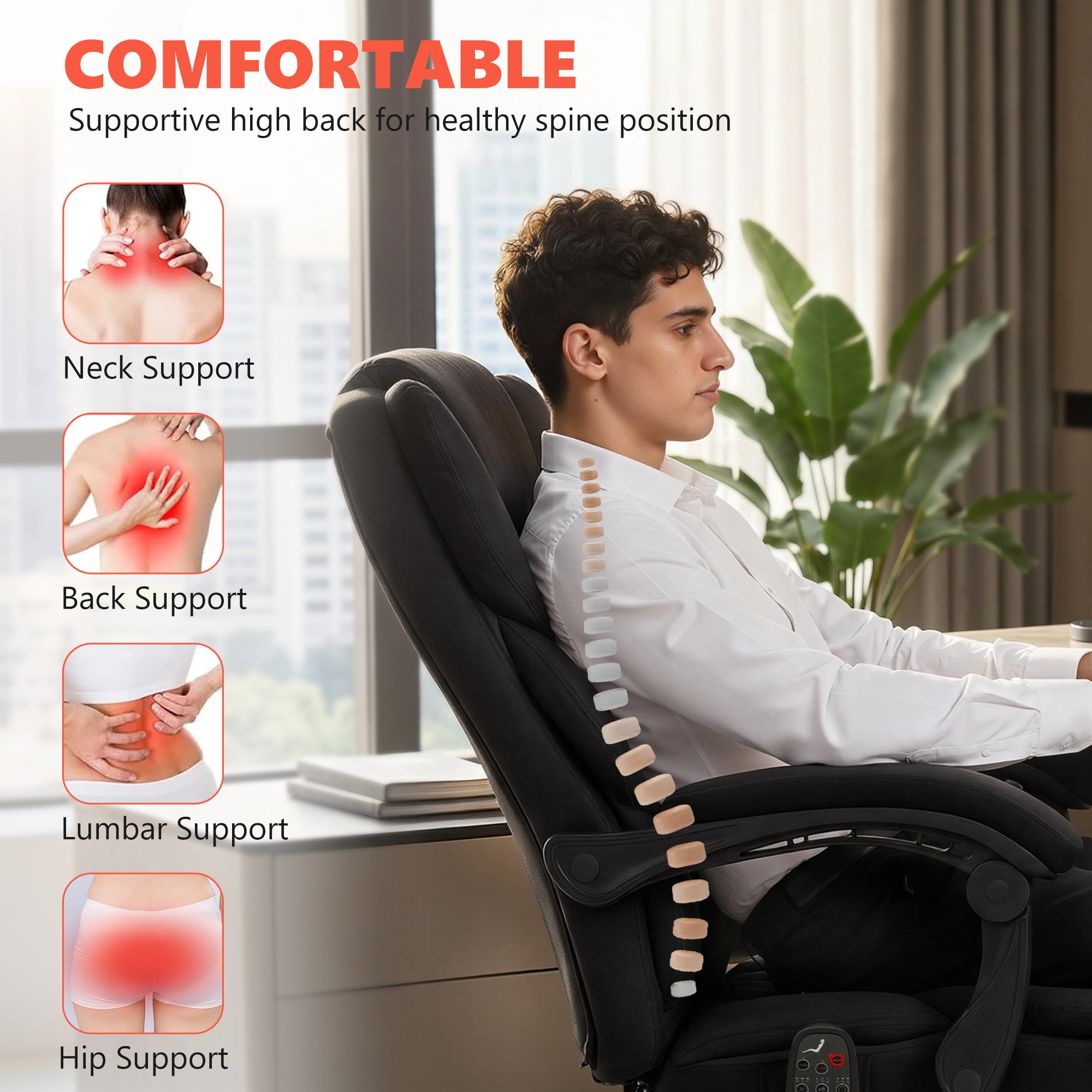 Office Chair with 6-point Vibration Massage and Heat, Velvet-feel Fabric Desk Chair with Footrest, Linkage Armrests, High Back, Adjustable Height, 135° Reclining for Home Office, Black