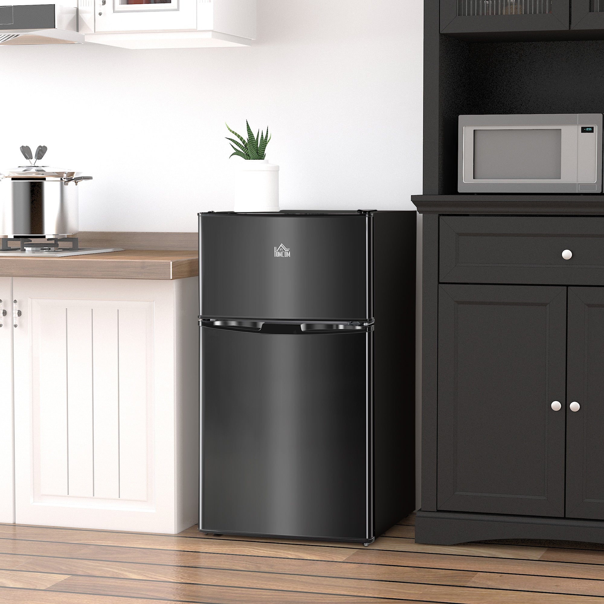 HOMCOM Mini Fridge with Freezer, 3.2 Cu. Ft. Compact Refrigerator with Adjustable Shelves, Mechanical Thermostat, Reversible Double Doors for Bedroom, Dorm, Kitchen, Black