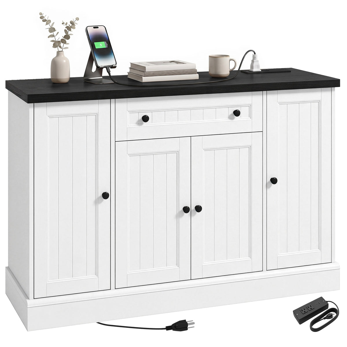 47" Farmhouse Sideboard Buffet Cabinet with Charging Station, Coffee Bar Cabinet with 3 Adjustable Shelves and 4 Doors, Kitchen Storage Cabinet with Drawer, White