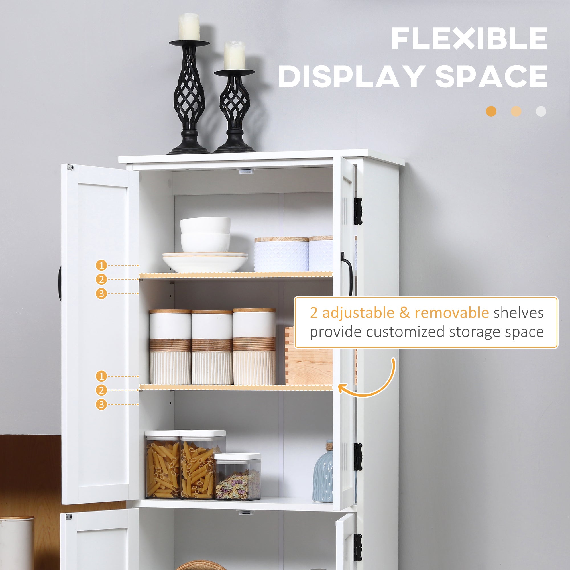 Accent Floor Storage Cabinet Kitchen Pantry with Adjustable Shelves and 2 Lower Doors White