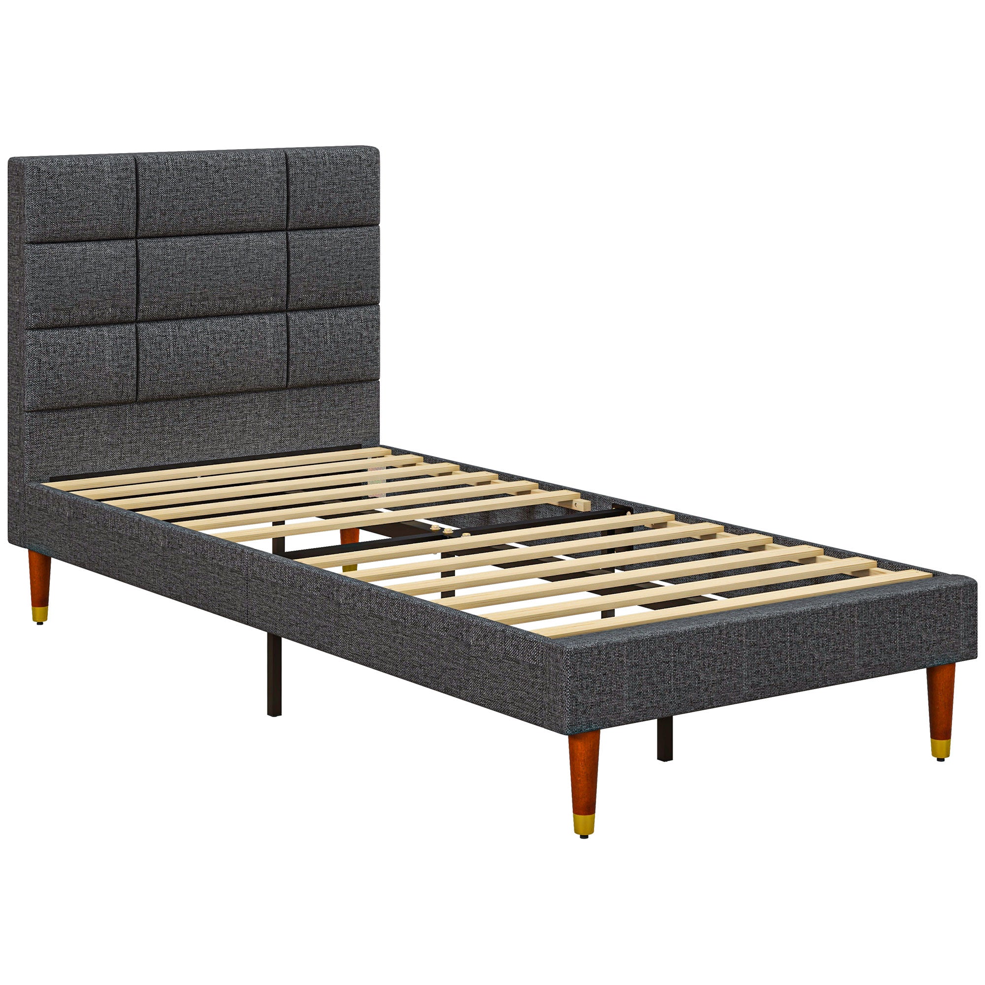 HOMCOM 3ft Single Bed Frame with Underbed Storage, Upholstered Platform Bed Frame with Tufted Headboard and Wood Slat Support, No Box Spring Needed, Easy Assembly, Grey