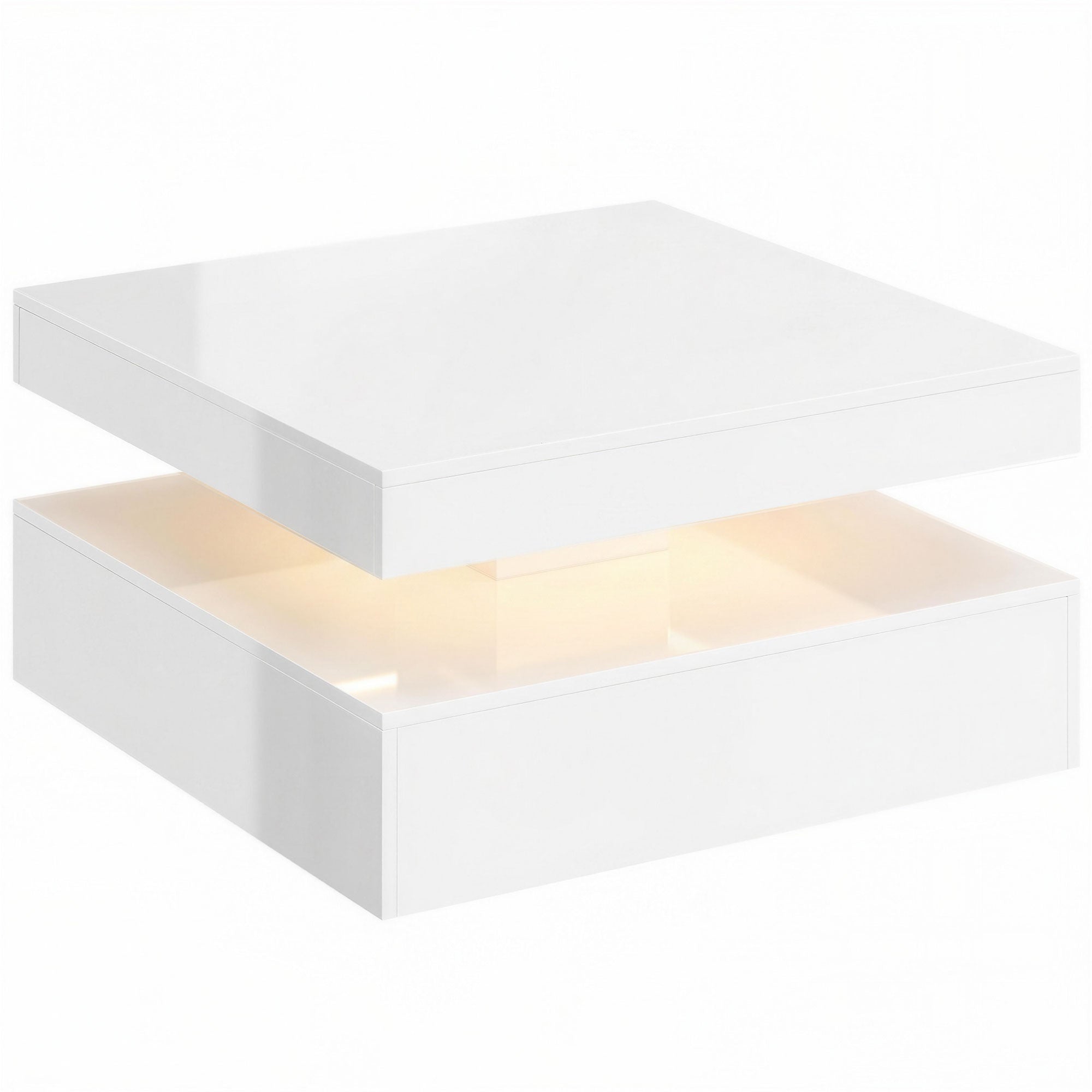 LED Coffee Table with Storage, 2-Tier Modern Center Table with Open Shelf and Remote for Living Room, High Gloss White