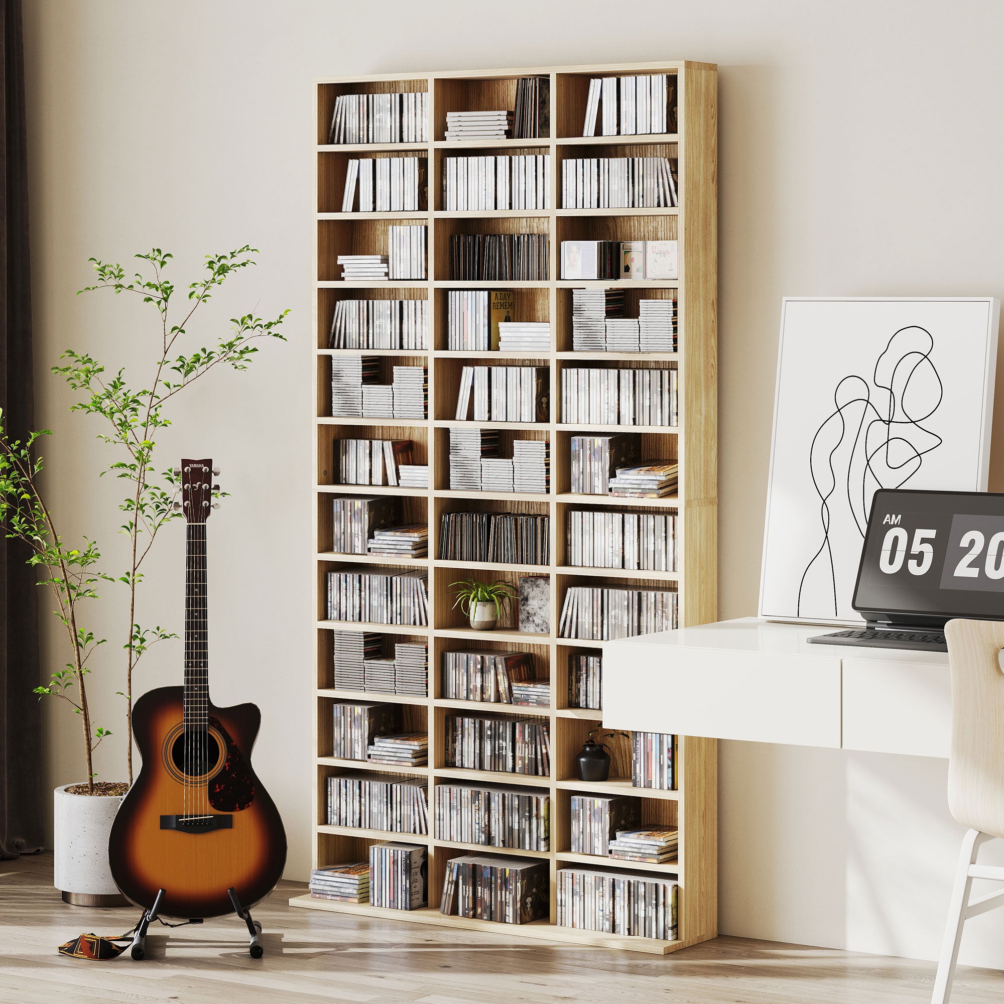1116 CD/ 528 DVD Storage Unit, Media Storage Shelf, Wooden Display Unit with Adjustable Shelves, 102 x 195 cm, Oak Tone