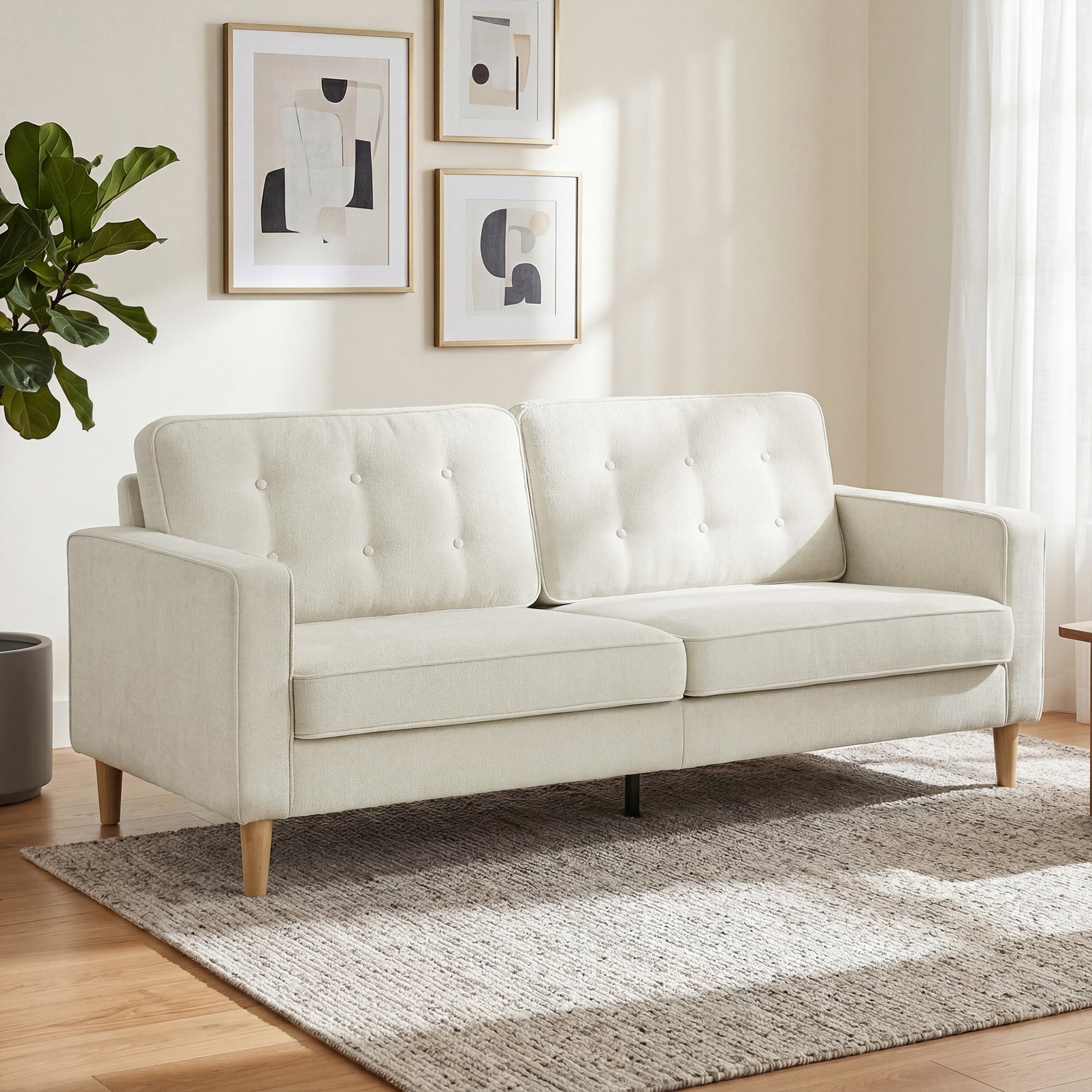 3 Seater Sofa, Upholstered Couch for Bedroom, Modern Sofa Settee with Padded Cushion, Button Tufting and Wood Legs for Living Room, Cream White