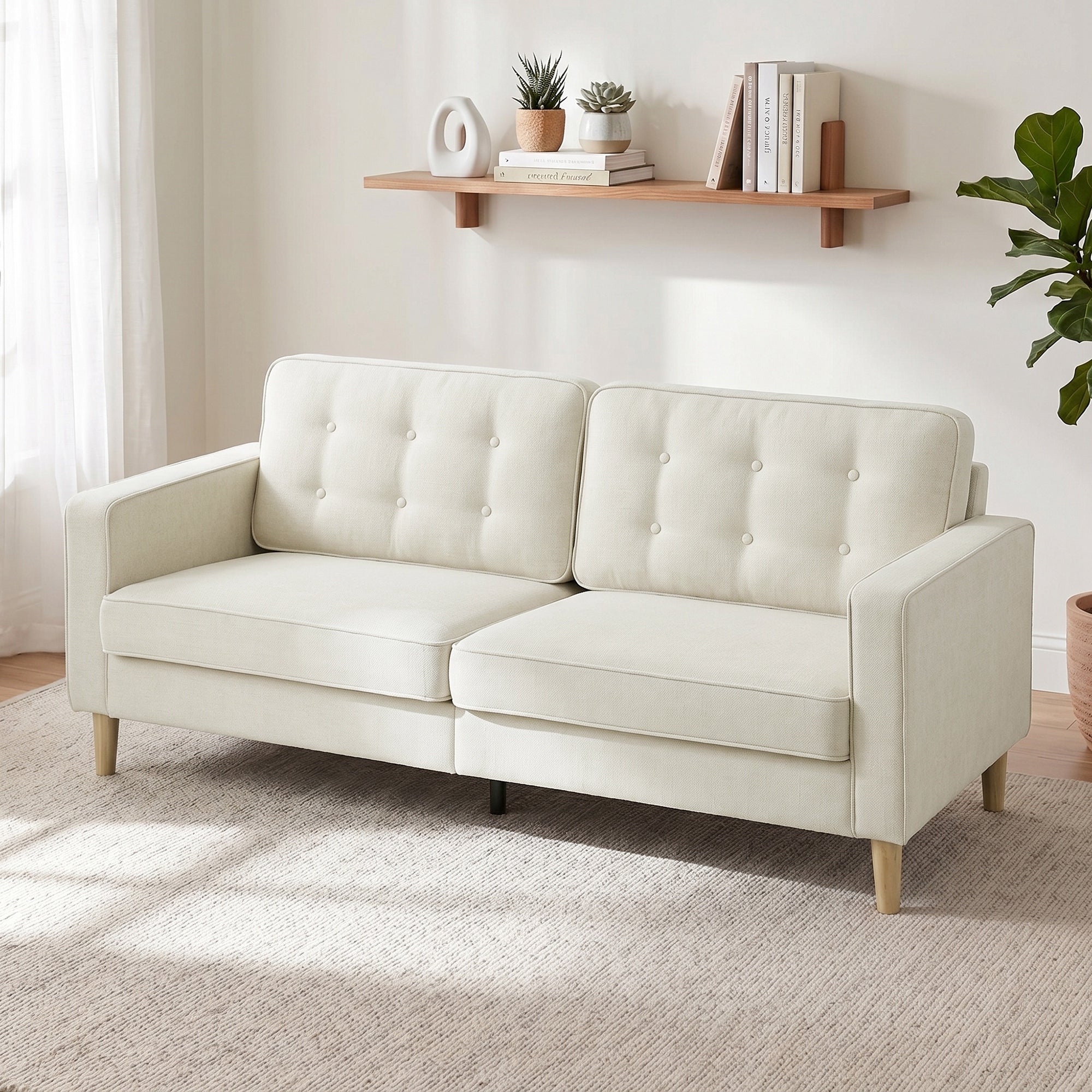 3 Seater Sofa, Upholstered Couch for Bedroom, Modern Sofa Settee with Padded Cushion, Button Tufting and Wood Legs for Living Room, Cream White