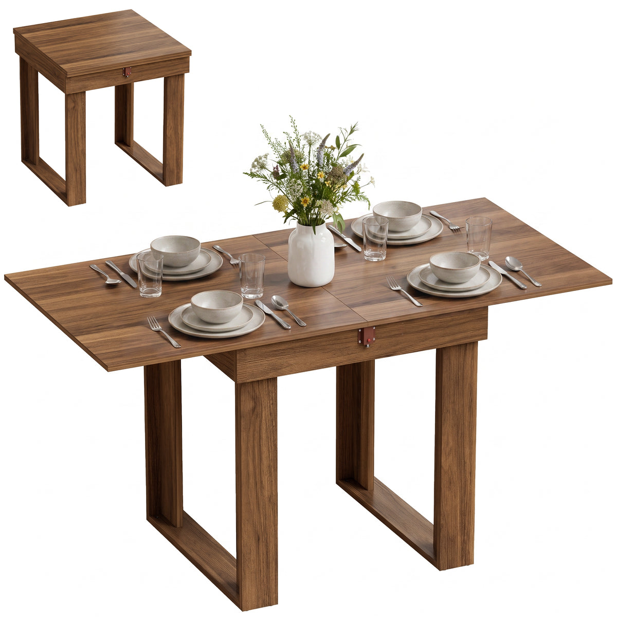 Folding Dining Table for 4 with Under-Table Storage, 70-140 cm Modern Extendable Kitchen Table with Steel Rail, Space-Saving for Kitchen, Dining Room, Grey Wood Effect