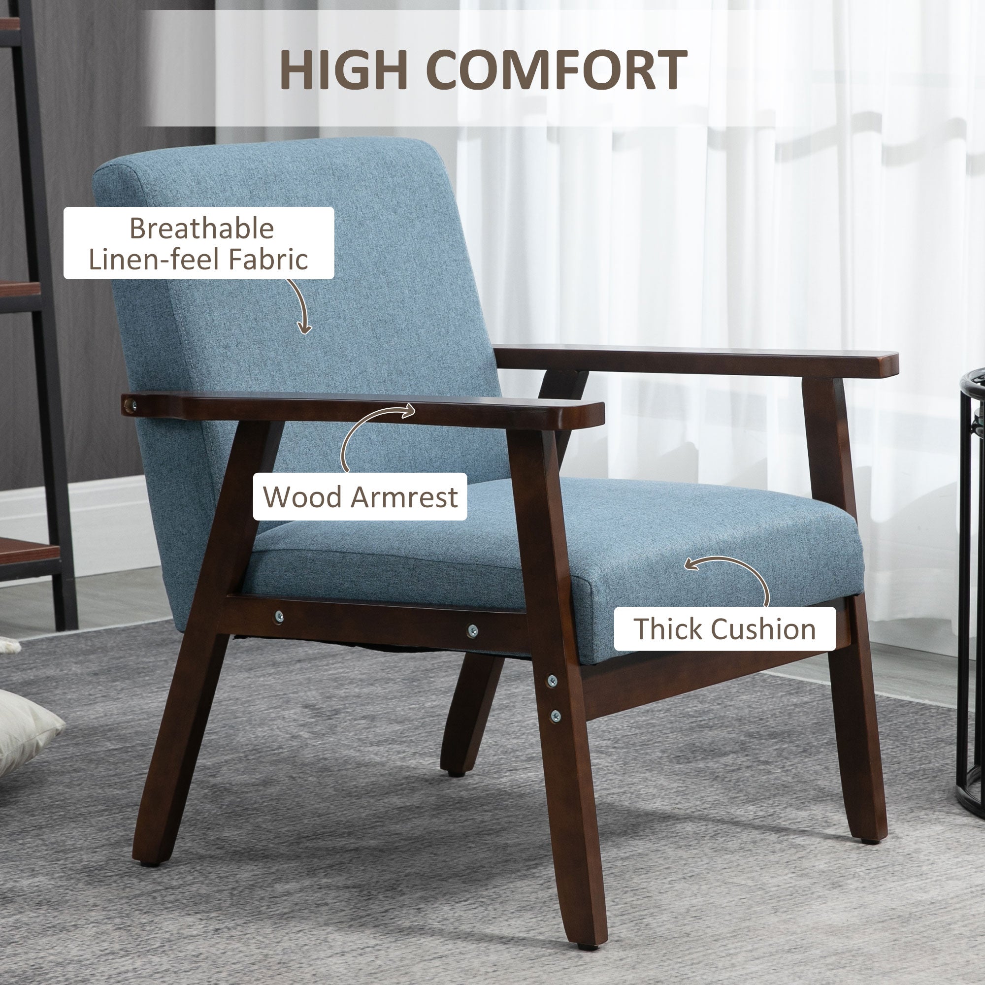 HOMCOM Modern Accent Chairs with Cushioned Seat, Upholstered Linen-Feel Armchair for Bedroom, Living Room Chair with Arms and Wood Legs, Blue