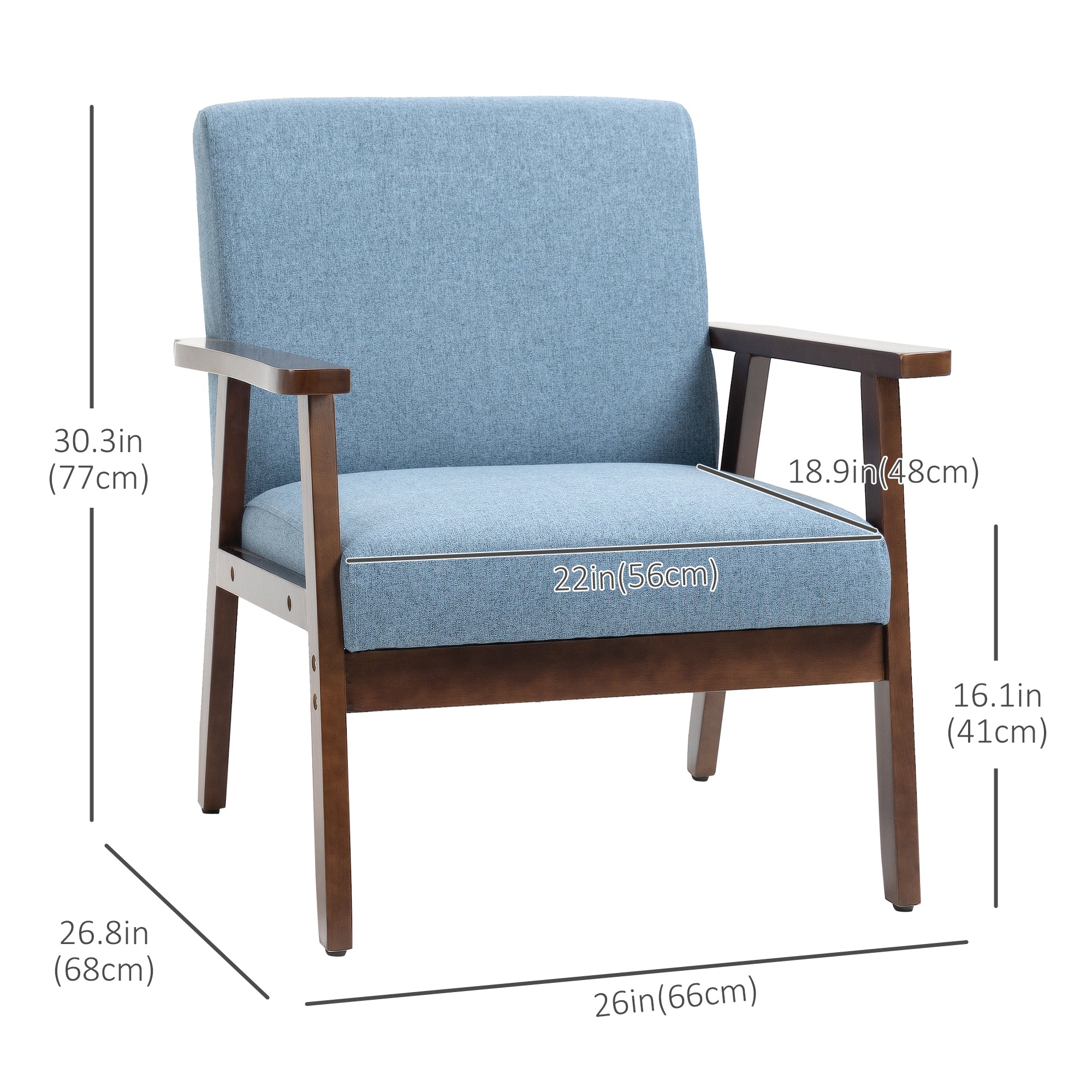 HOMCOM Modern Accent Chairs with Cushioned Seat, Upholstered Linen-Feel Armchair for Bedroom, Living Room Chair with Arms and Wood Legs, Blue