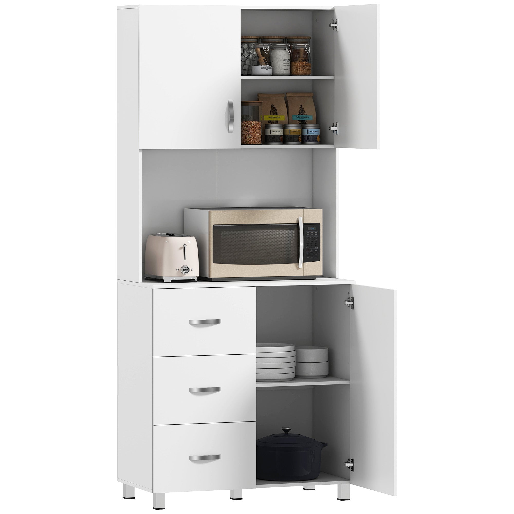 183.5cm Free standing Kitchen Cupboard, Storage Cabinet with Doors and Sheleves, 3 drawers and Open Space, Adjustable Height Storage Unit, White