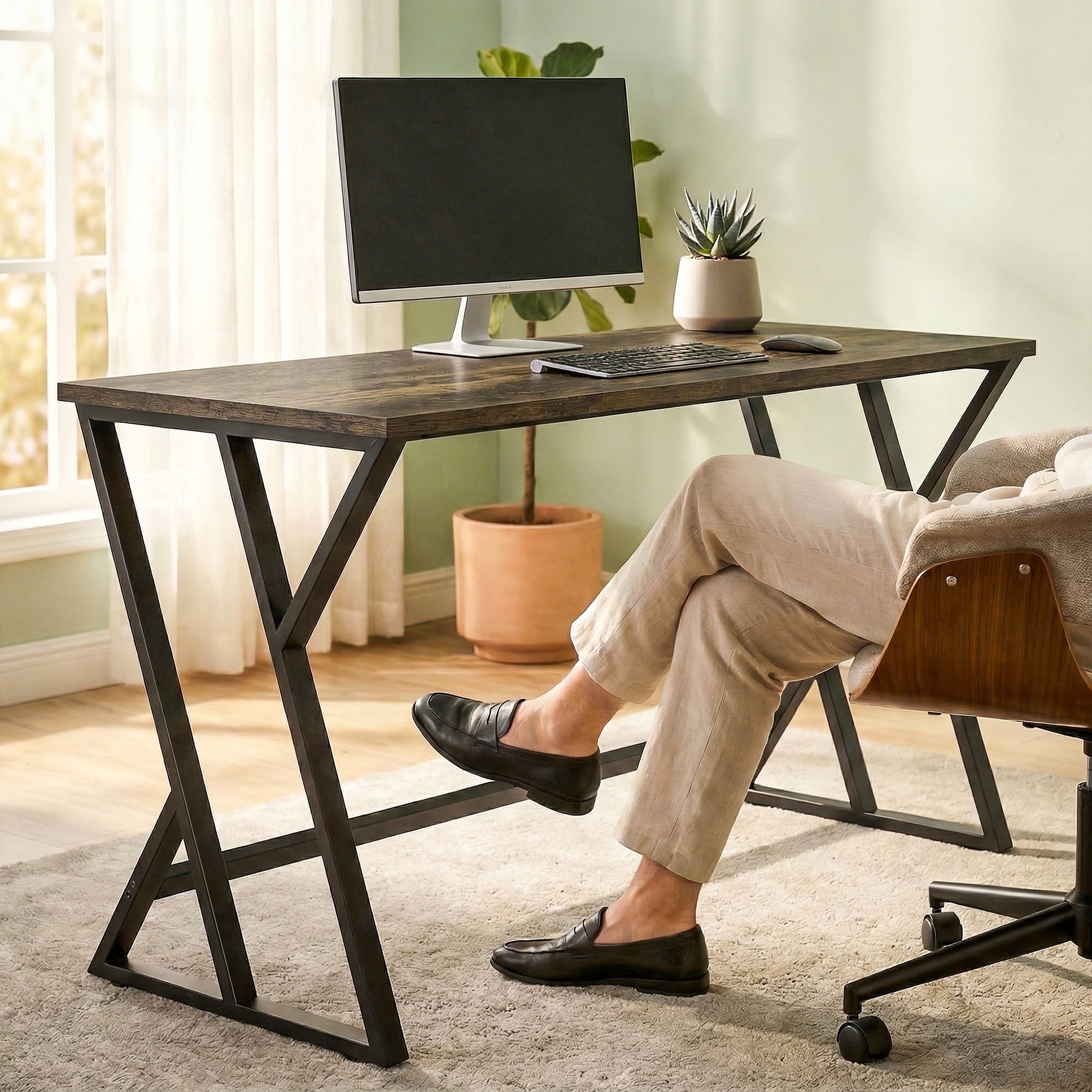 55 Inch Computer Desk, Industrial Writing Desk with Z-Shaped Metal Leg, Study Table for Home Office, Bedroom, Small Spaces, Rustic Brown