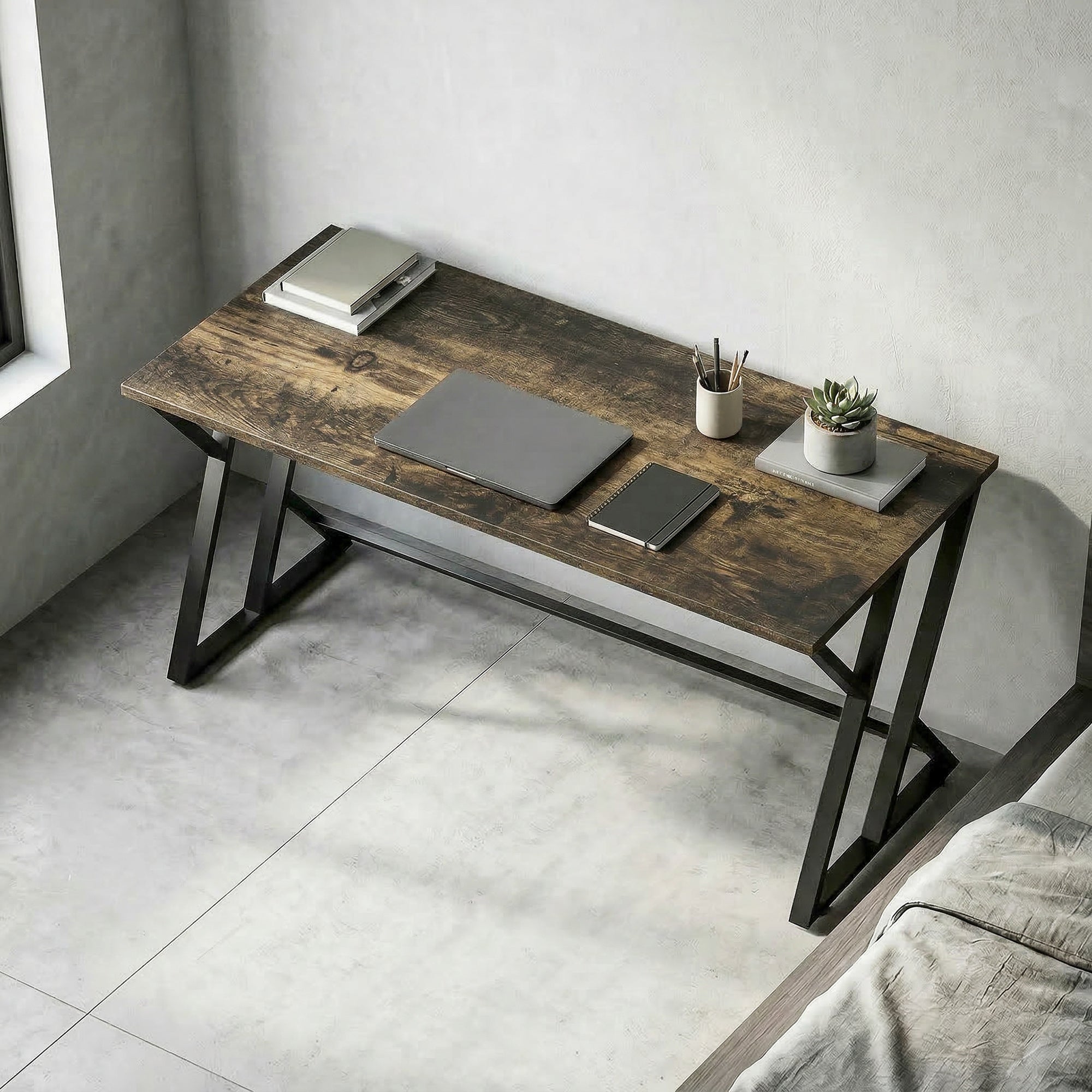 55 Inch Computer Desk, Industrial Writing Desk with Z-Shaped Metal Leg, Study Table for Home Office, Bedroom, Small Spaces, Rustic Brown