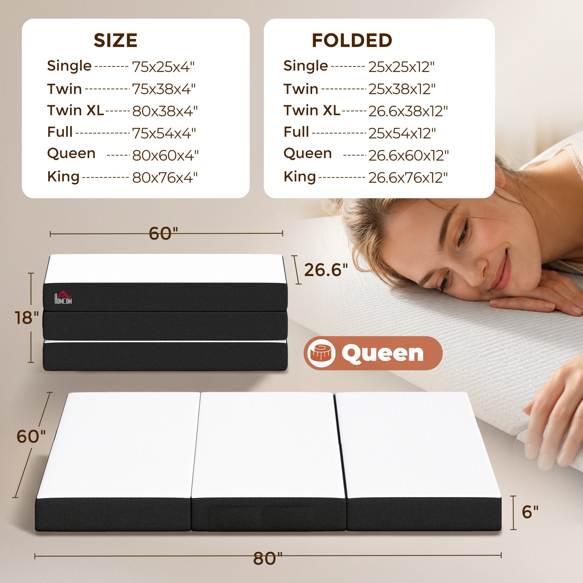 Trifold Mattress, 6 Inch Memory Foam Foldable Mattress, Queen Portable Folding Floor Bed with Washable Cover, Cooling Gel Topper for Guest, Camping, RV, Travel, Yoga, Made in USA 80" x 60" x 6"