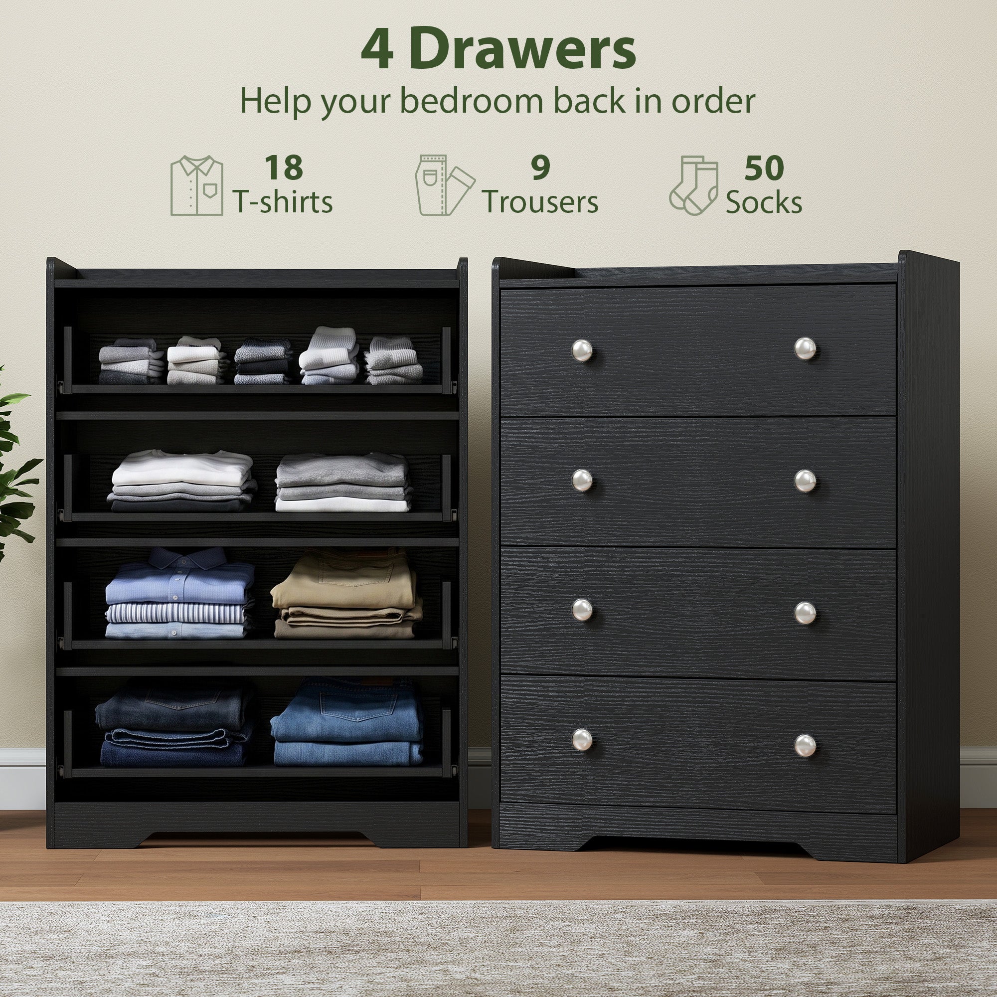 4 Drawer Chest of Drawers, Modern Dresser for Bedroom, Storage Cabinet for Living Room Entryway, Black Wood Effect