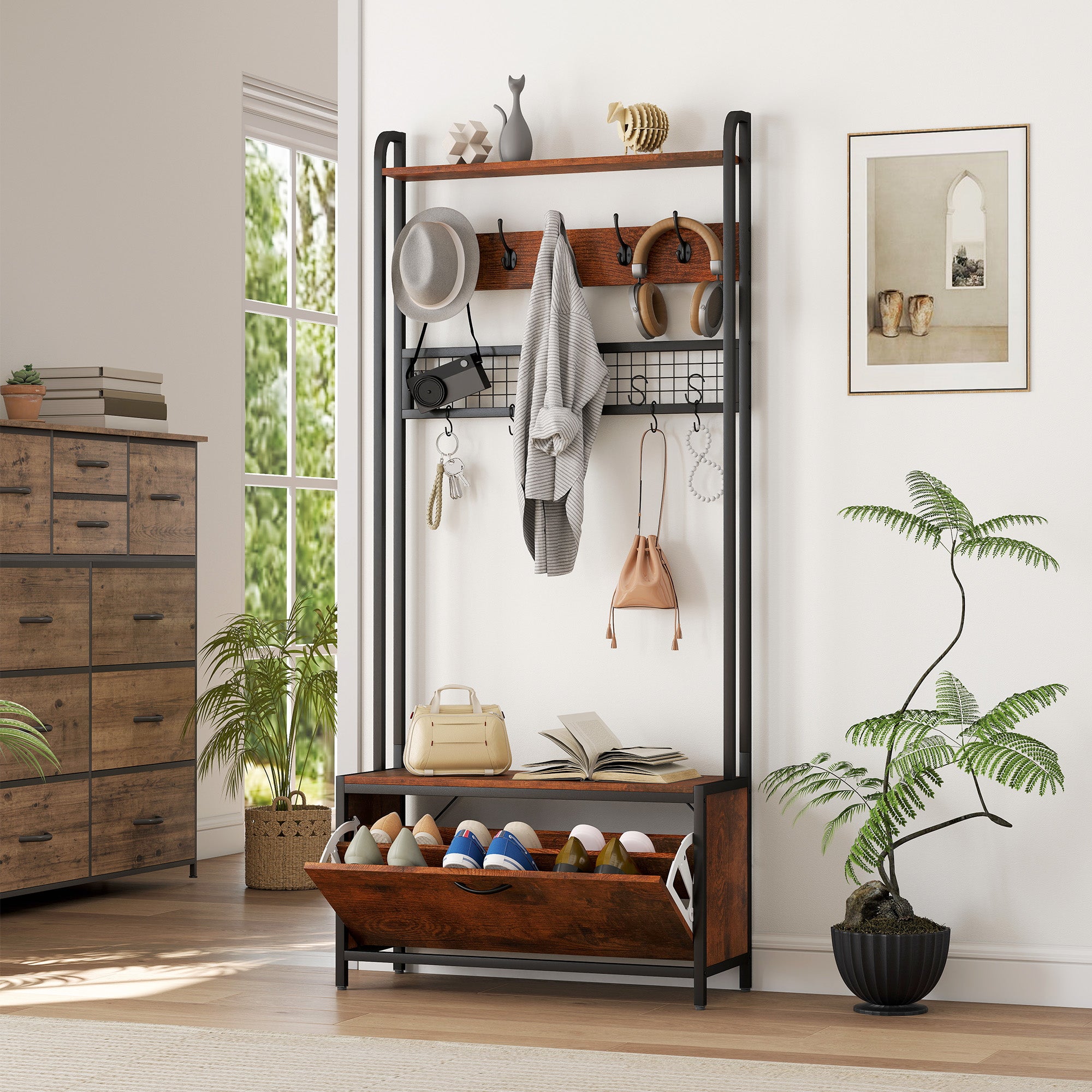 5-In-1 Hall Tree with Bench, Coat Rack, Industrial Entryway Bench with Shoe Cabinet, 10 Hooks, Coat Hanger Stand for Hallway, Living Room, Mud Room, Rustic Brown