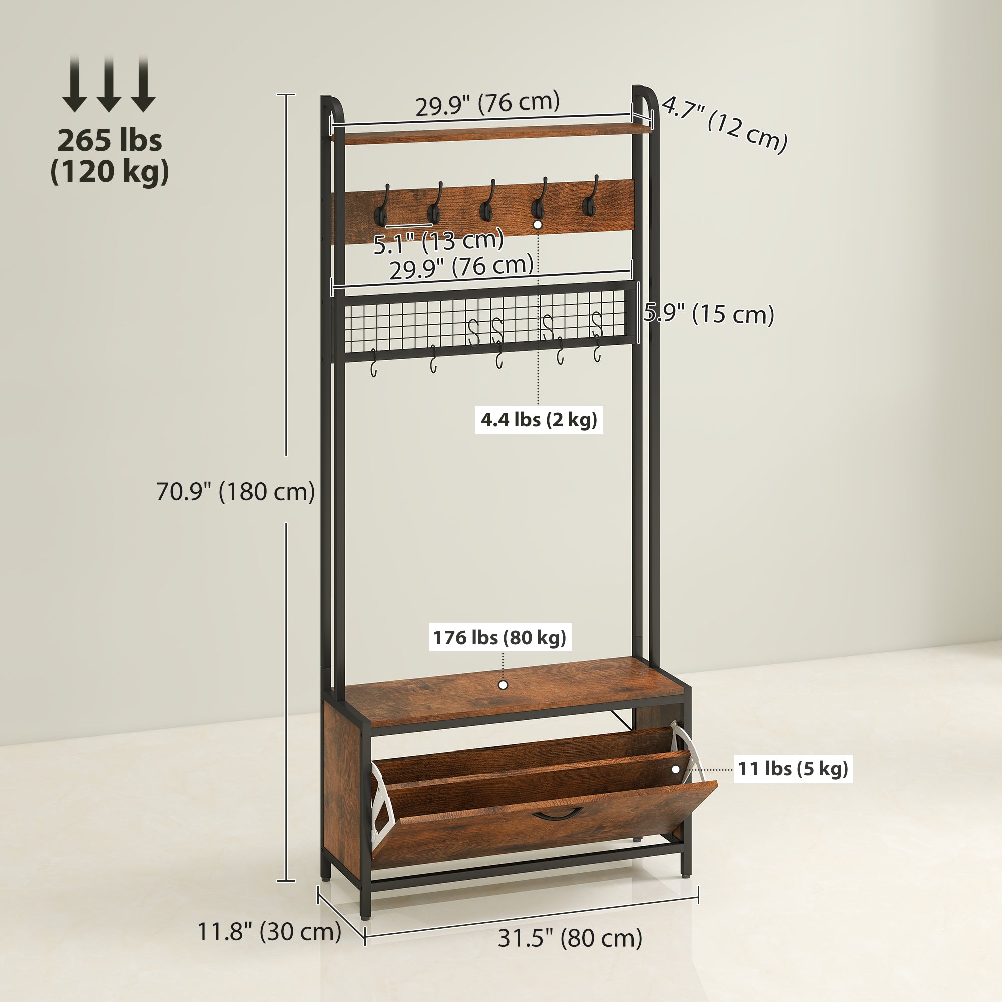 5-In-1 Hall Tree with Bench, Coat Rack, Industrial Entryway Bench with Shoe Cabinet, 10 Hooks, Coat Hanger Stand for Hallway, Living Room, Mud Room, Rustic Brown