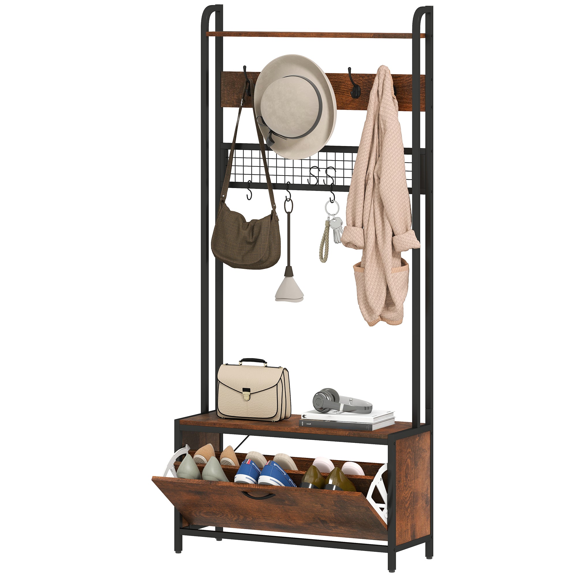 5-In-1 Hall Tree with Bench, Coat Rack, Industrial Entryway Bench with Shoe Cabinet, 10 Hooks, Coat Hanger Stand for Hallway, Living Room, Mud Room, Rustic Brown