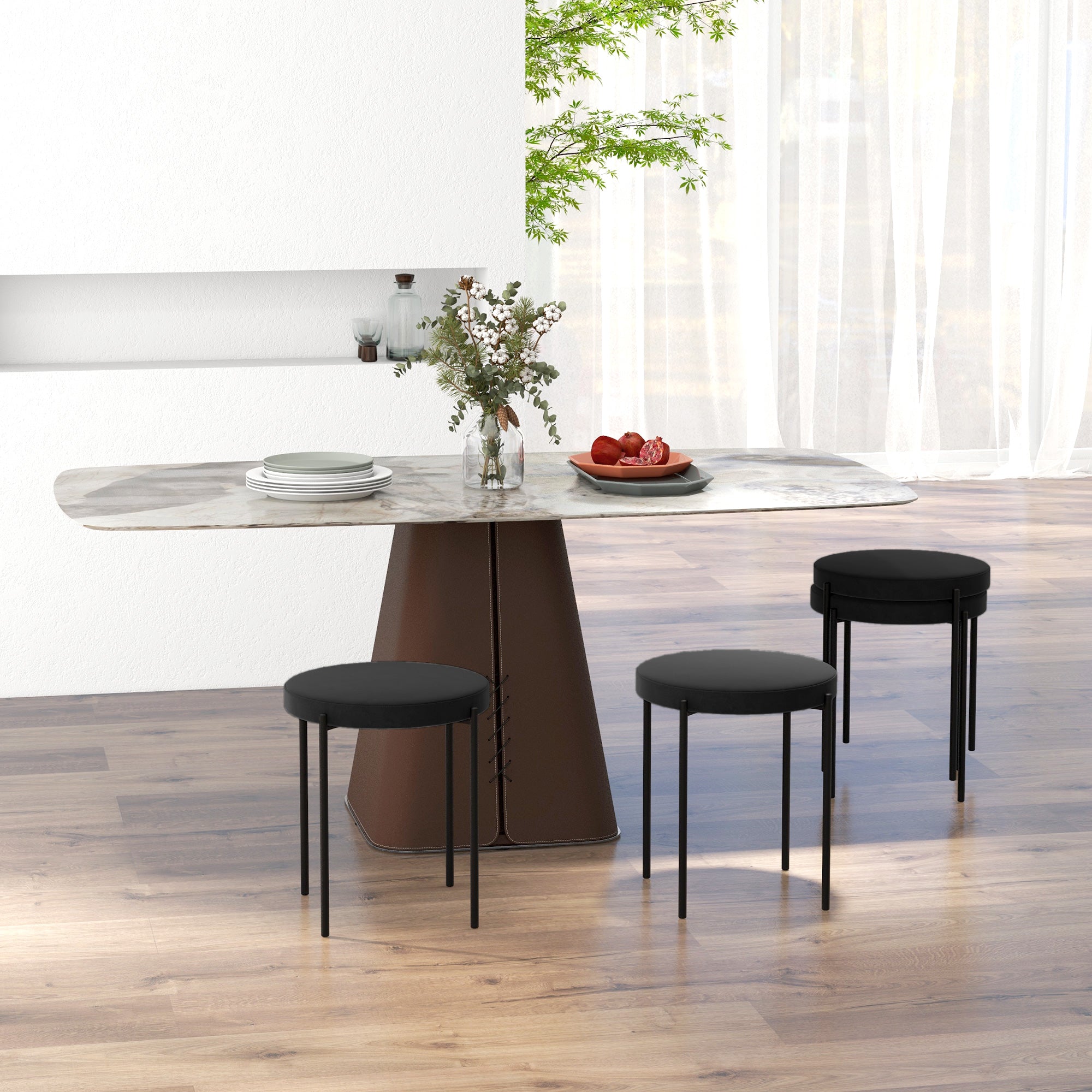 HOMCOM Modern Stacking Stools Set of 4, Backless Round Dining Chairs, Velvet-Touch Upholstered Accent Side Chairs with Metal Legs for Kitchen, Black