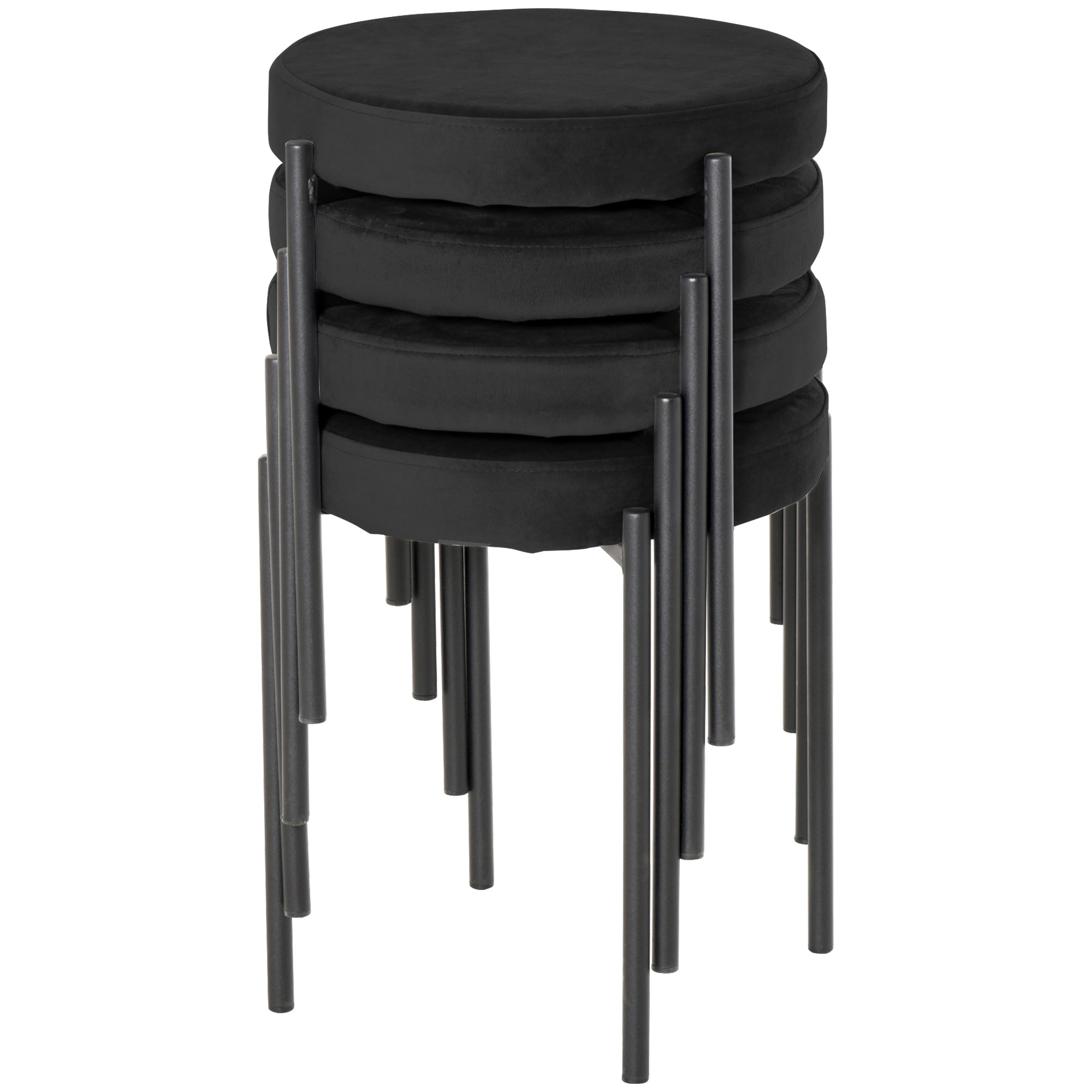 HOMCOM Modern Stacking Stools Set of 4, Backless Round Dining Chairs, Velvet-Touch Upholstered Accent Side Chairs with Metal Legs for Kitchen, Black