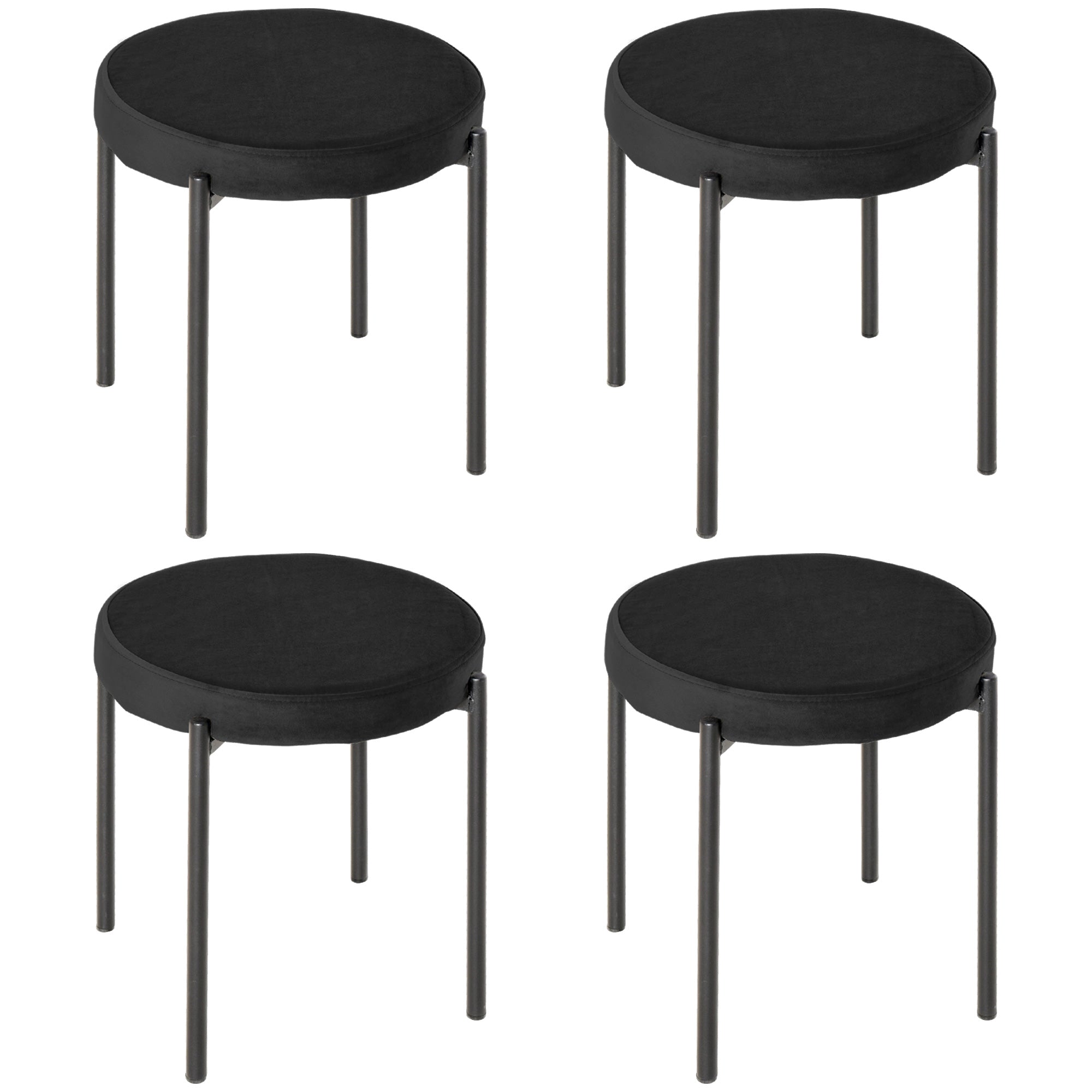 HOMCOM Modern Stacking Stools Set of 4, Backless Round Dining Chairs, Velvet-Touch Upholstered Accent Side Chairs with Metal Legs for Kitchen, Black