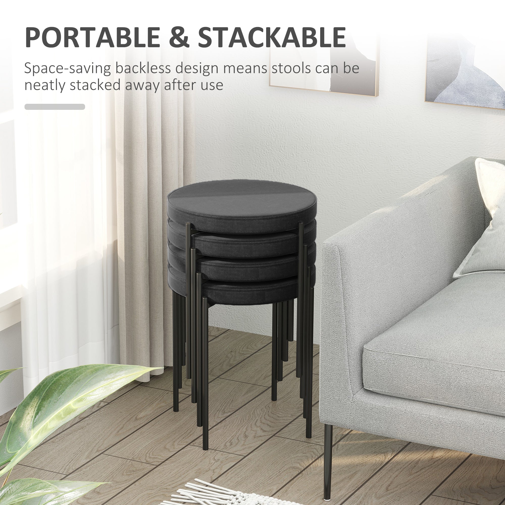 HOMCOM Modern Stacking Stools Set of 4, Backless Round Dining Chairs, Velvet-Touch Upholstered Accent Side Chairs with Metal Legs for Kitchen, Black