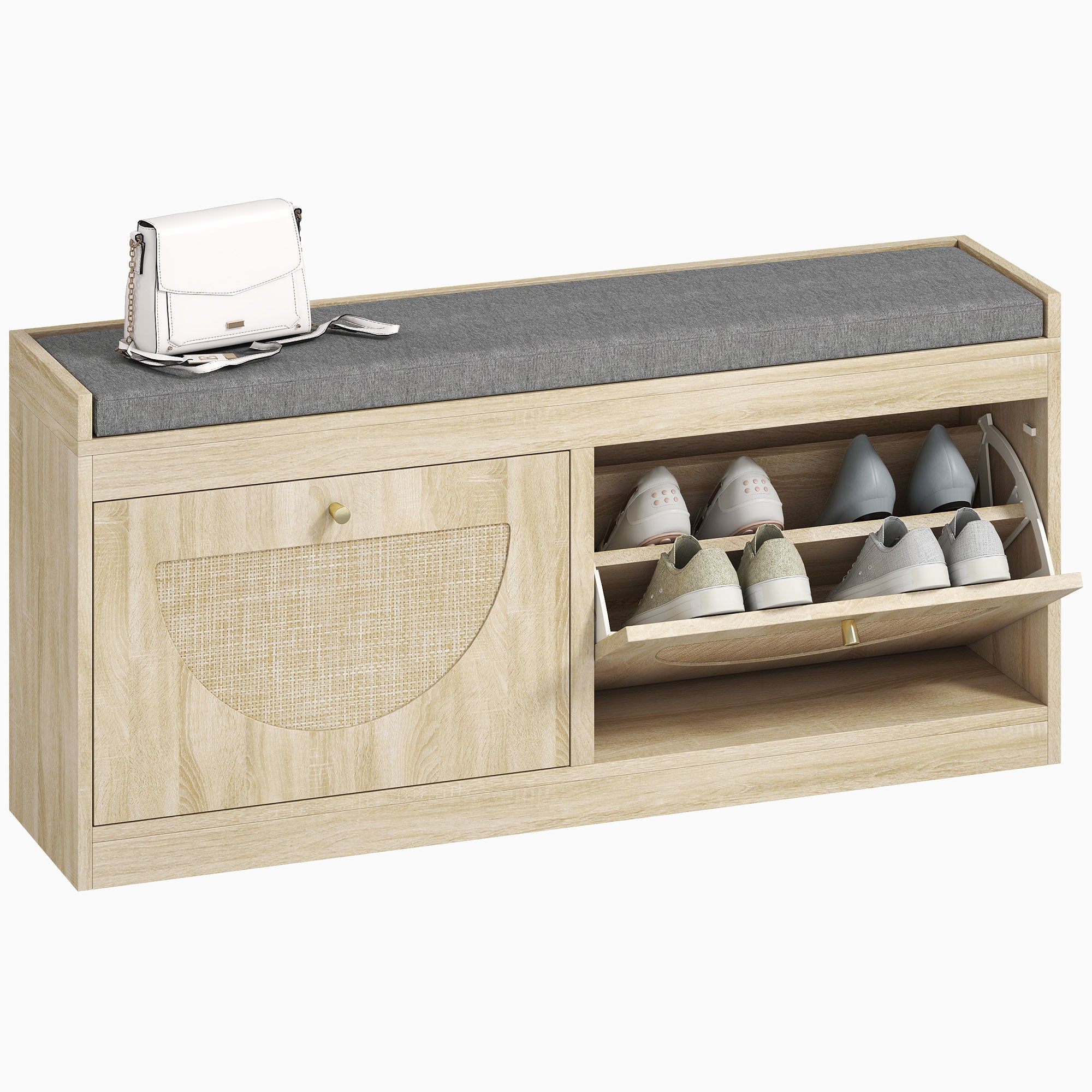 Shoe Storage Bench with Flip Rattan Doors, Removable Seat Cushion, Adjustable Shelves for 8 Pairs, Boho Entryway Bench for Bedroom, Living Room, Natural Wood