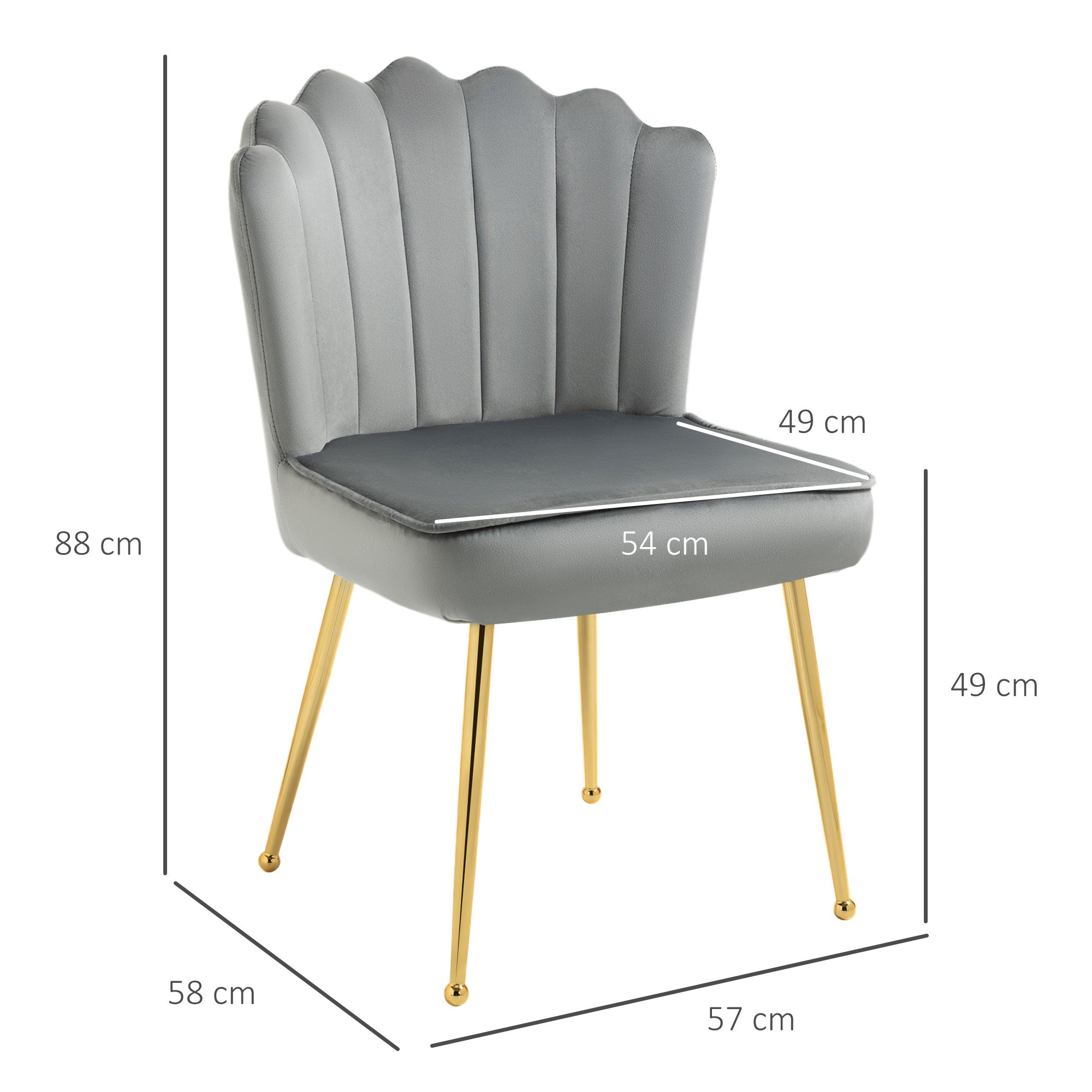 HOMCOM Shell Luxe Velvet Accent Chair with Gold-tone Metal Legs, Modern Vanity Chair for Living Room, Bedroom, Home Office, Grey