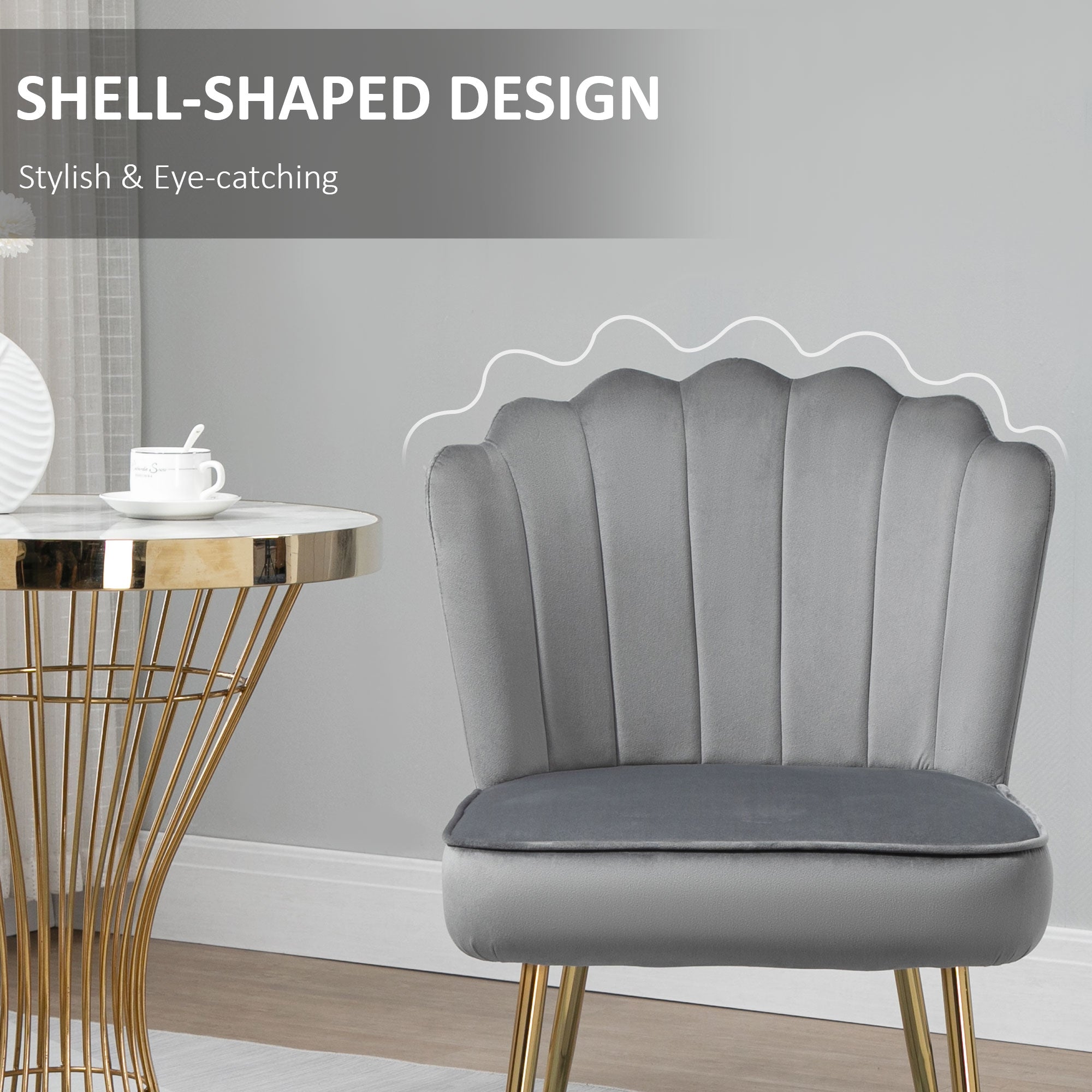 HOMCOM Shell Luxe Velvet Accent Chair with Gold-tone Metal Legs, Modern Vanity Chair for Living Room, Bedroom, Home Office, Grey