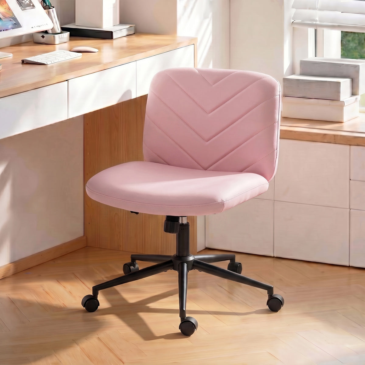 Criss Cross Legged Office Chair with Wide Seat, Swivel Desk Chair with Wheels, Rocking Function, Backrest, Adjustable Height, High-Density Foam, Computer Seat for Home Office, Bedroom, Pink