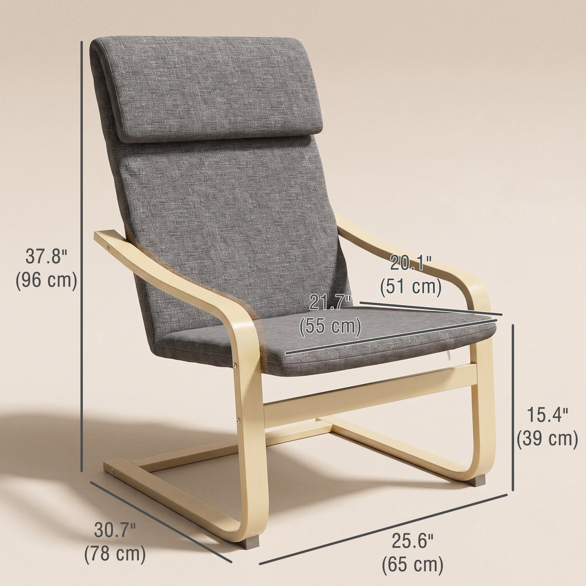Modern Accent Chair, Linen-Feel Upholstered Living Room Chair with Wood Curved Legs and Wide Padded Seat for Balcony, Dark Grey