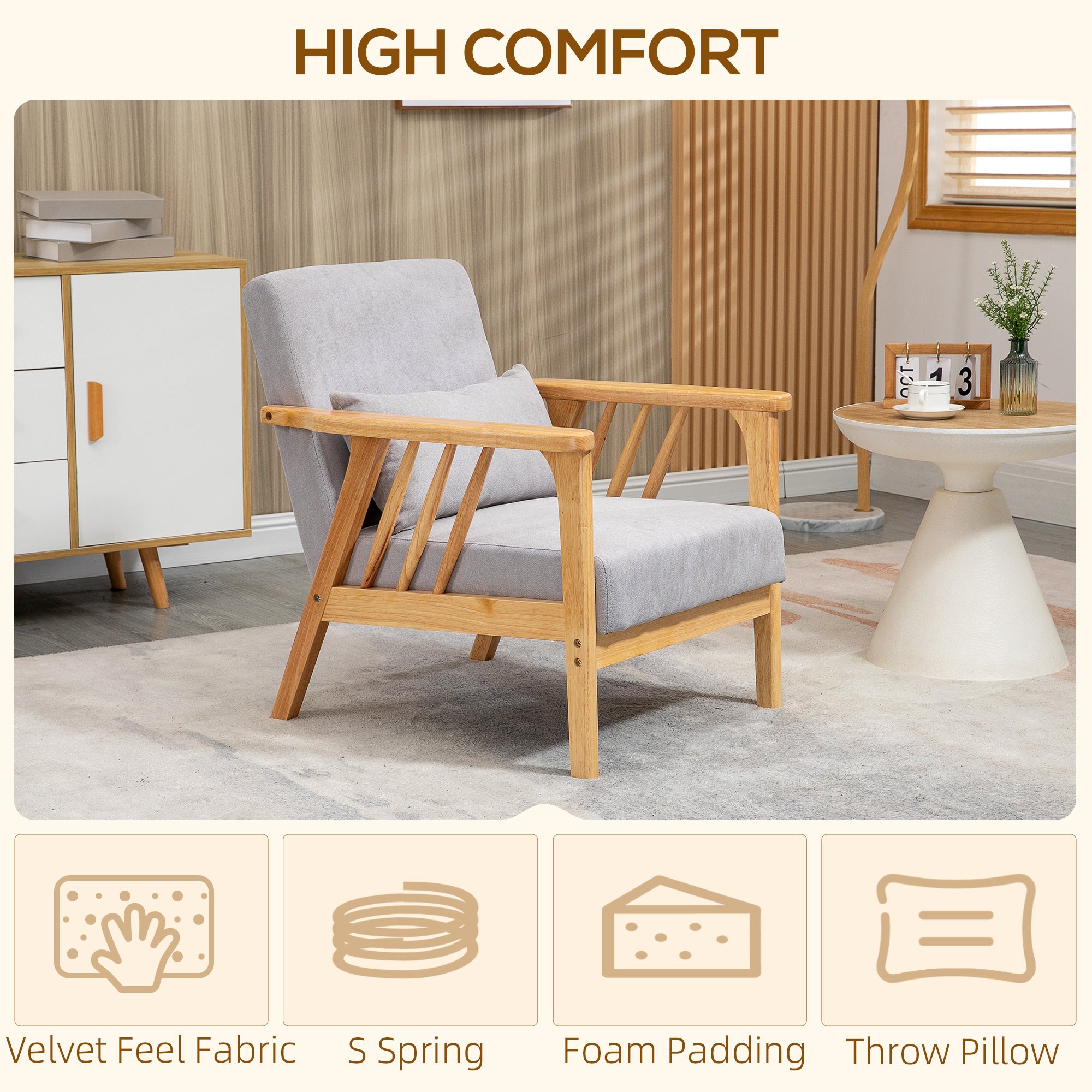 HOMCOM Accent Chairs with Cushioned Seat and Back, Upholstered Arm Chair for Bedroom, Living Room Chair with Throw Pillow and Wood Legs, Gray