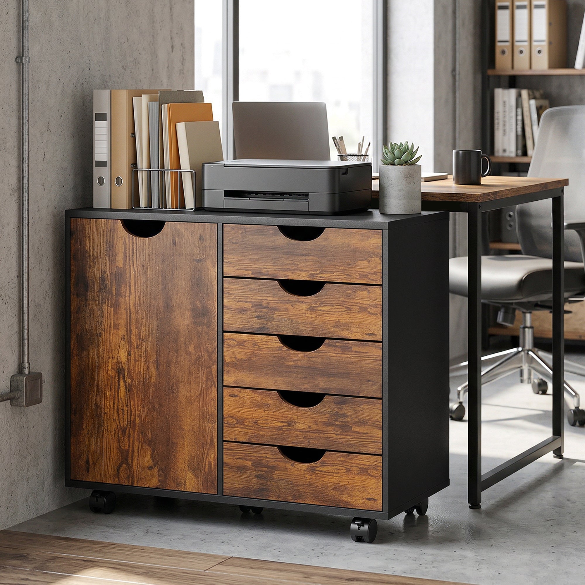 Lateral Office Storage Cabinet on Wheels, 5-Drawers Cabinet with Door and Adjustable Shelf for Home Office, Rustic Brown