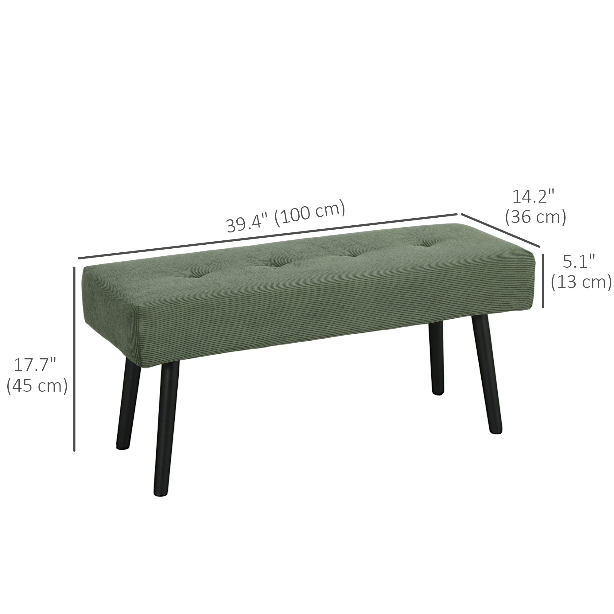 HOMCOM 39" Upholstered Entryway Bedroom Bench, Corduroy Ottoman Bench with Padded Seat and Steel Legs, Modern Tufted End of Bed Bench for Bedroom, Living Room, Hallway, Green