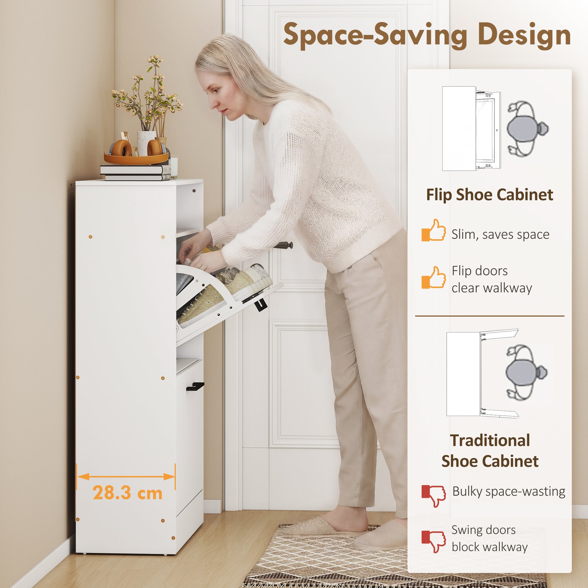 Shoe Cabinet with 2 Flip Drawers and Open Shelf, Narrow Shoe Storage Cabinet with Adjustable Dividers, Entryway Shoe Storage Unit for up to 12 Pairs for Hallway, White