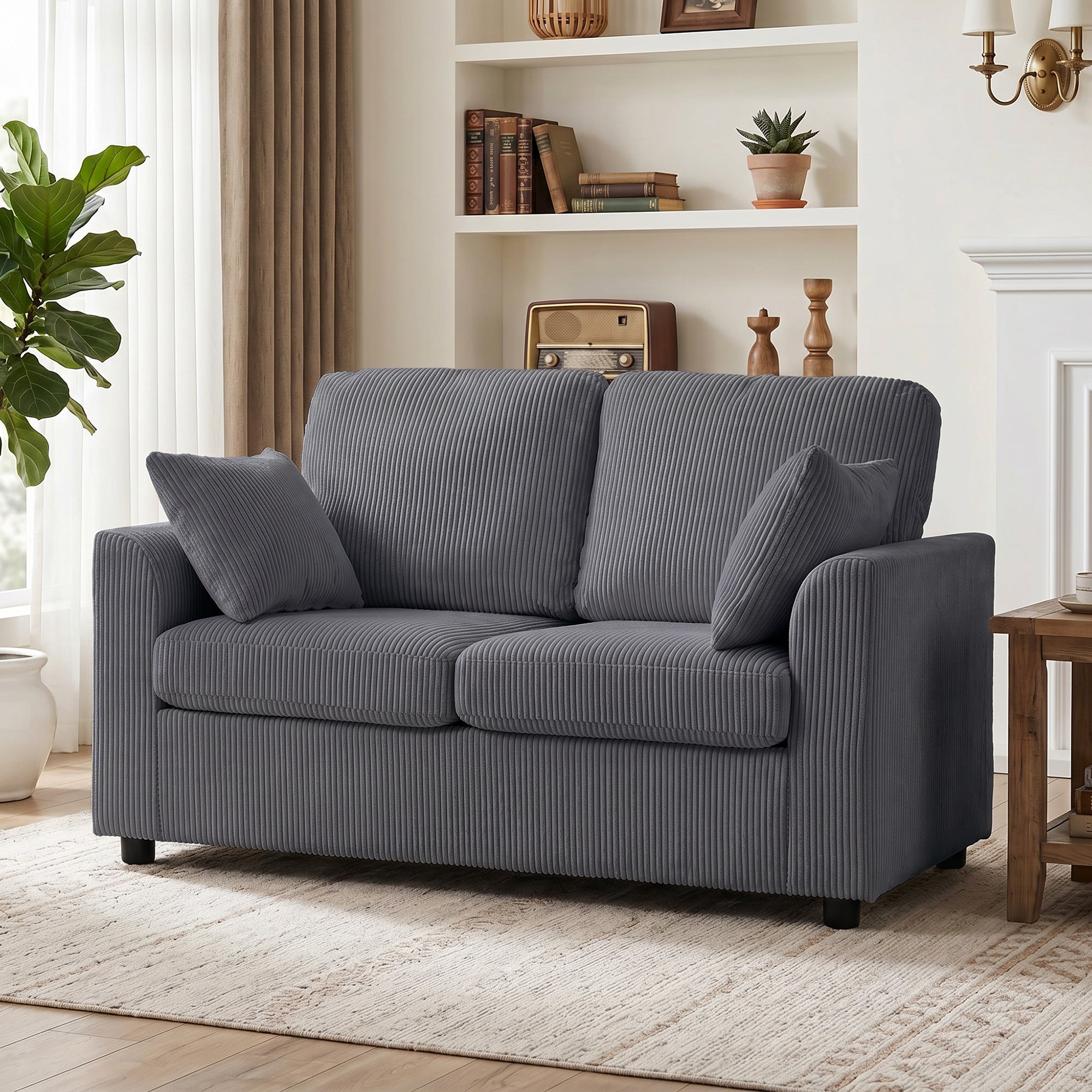 2 Seater Sofa, 144cm Corduroy Small Couch with Spring Cushion, Wide and Deep Seat, Plush Backrest, 2 Pillows, Loveseat Sofa Settee for Small Space, Living Room, Bedroom, Home Office, Dark Grey