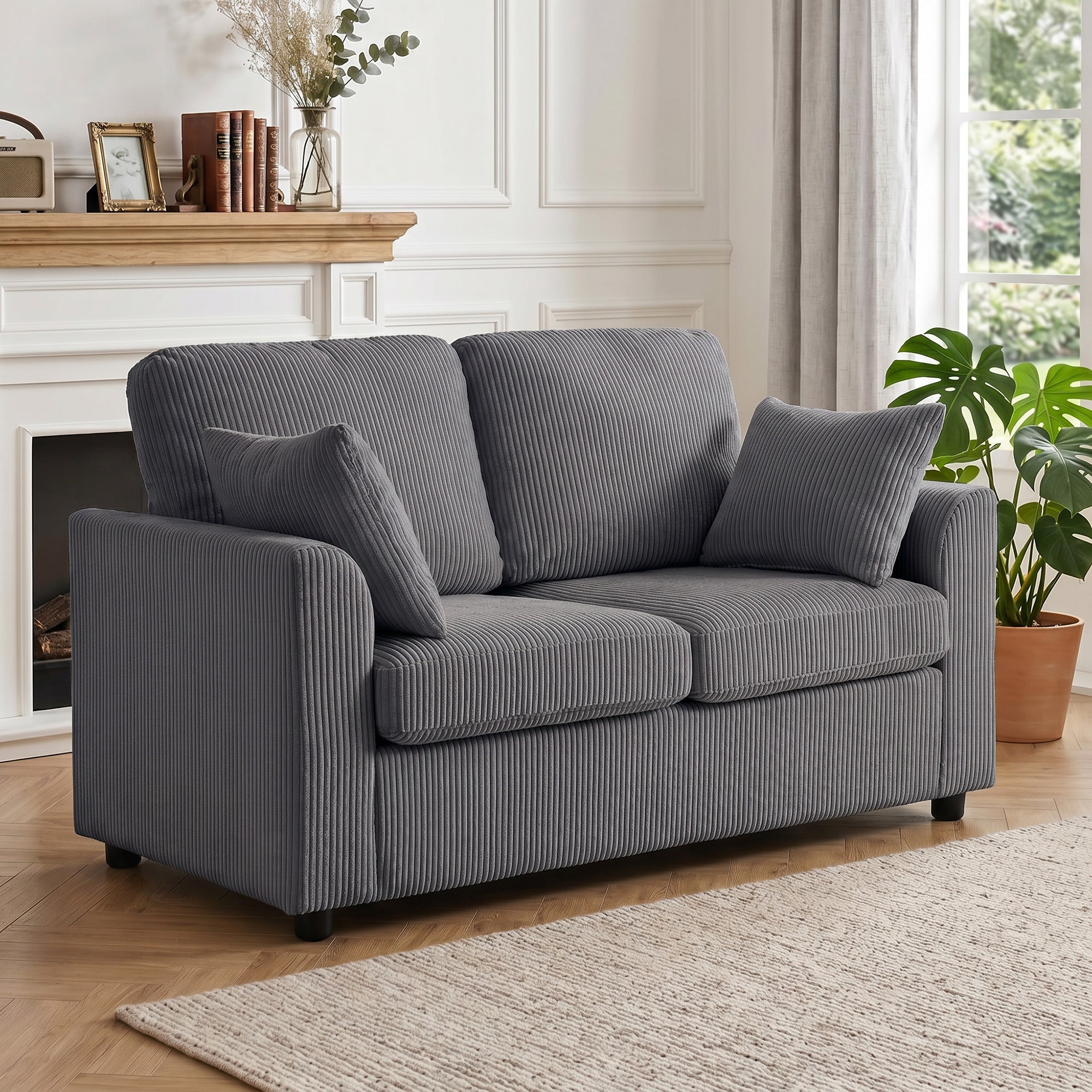 2 Seater Sofa, 144cm Corduroy Small Couch with Spring Cushion, Wide and Deep Seat, Plush Backrest, 2 Pillows, Loveseat Sofa Settee for Small Space, Living Room, Bedroom, Home Office, Dark Grey