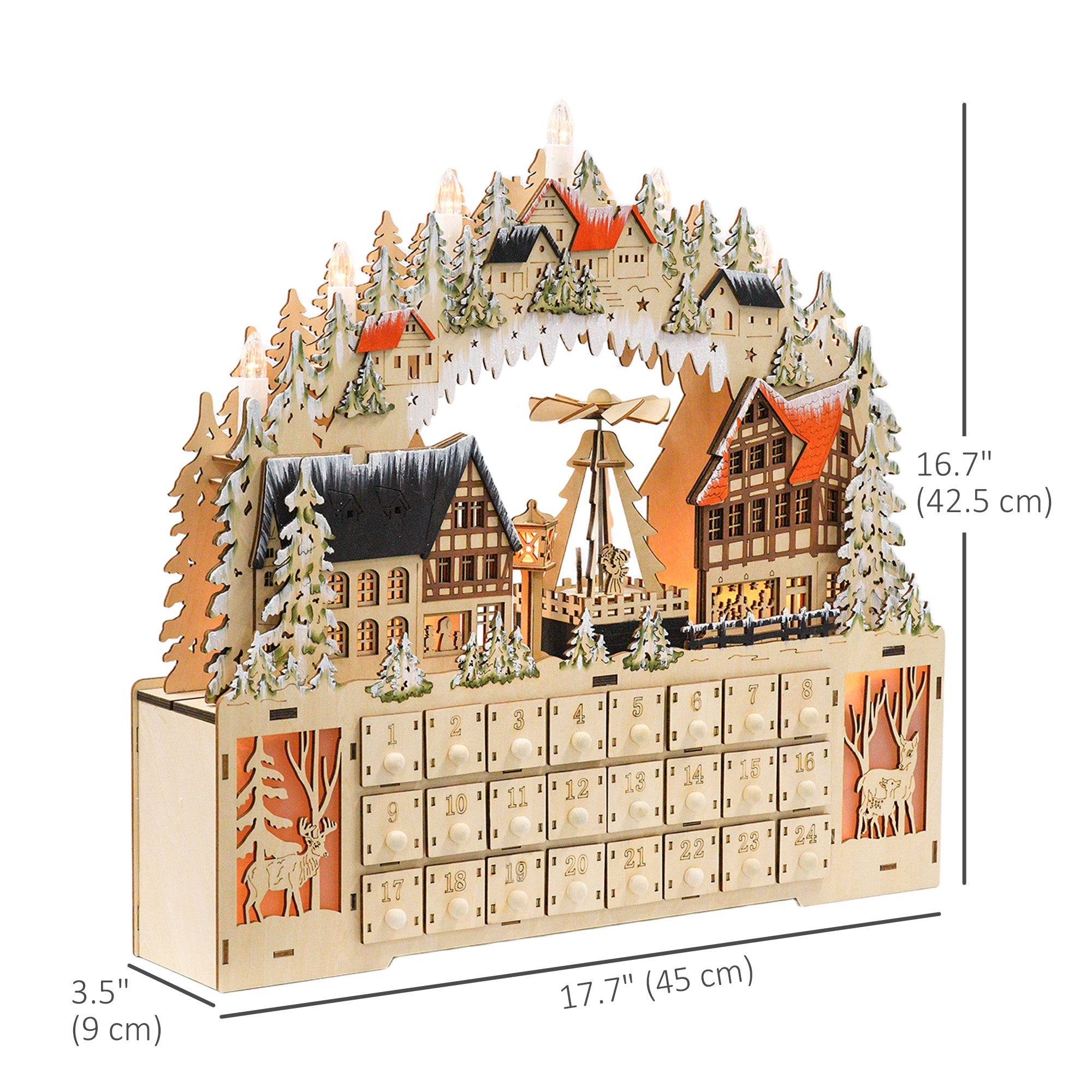 HOMCOM Christmas Advent Calendar with 24 Fillable Countdown Drawers and LED Lights for Kids and Adults, Battery Operated, Reusable