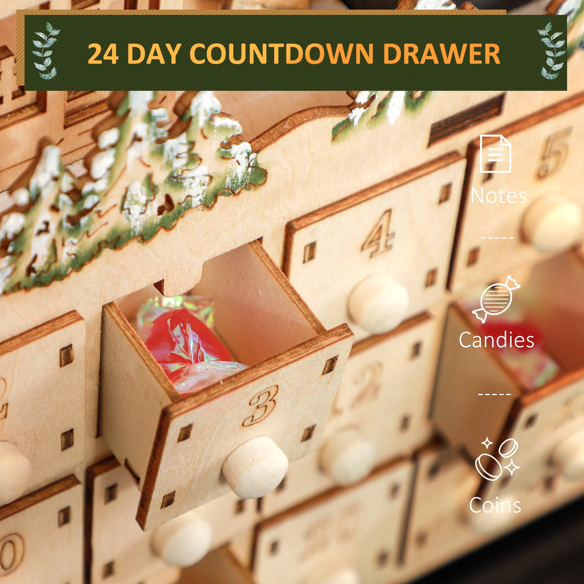 HOMCOM Christmas Advent Calendar with 24 Fillable Countdown Drawers and LED Lights for Kids and Adults, Battery Operated, Reusable