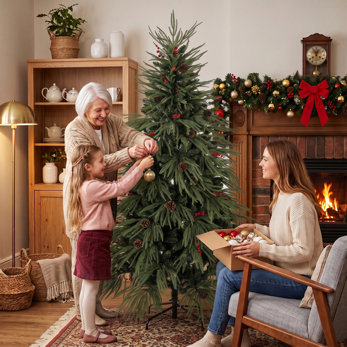 6ft Artificial Christmas Tree with Pinecones, Red Berries, Hinged Predecorated Xmas Tree with 2843 Branch Tips, Foldable Metal Base for Home Office Holiday Decoration, Green