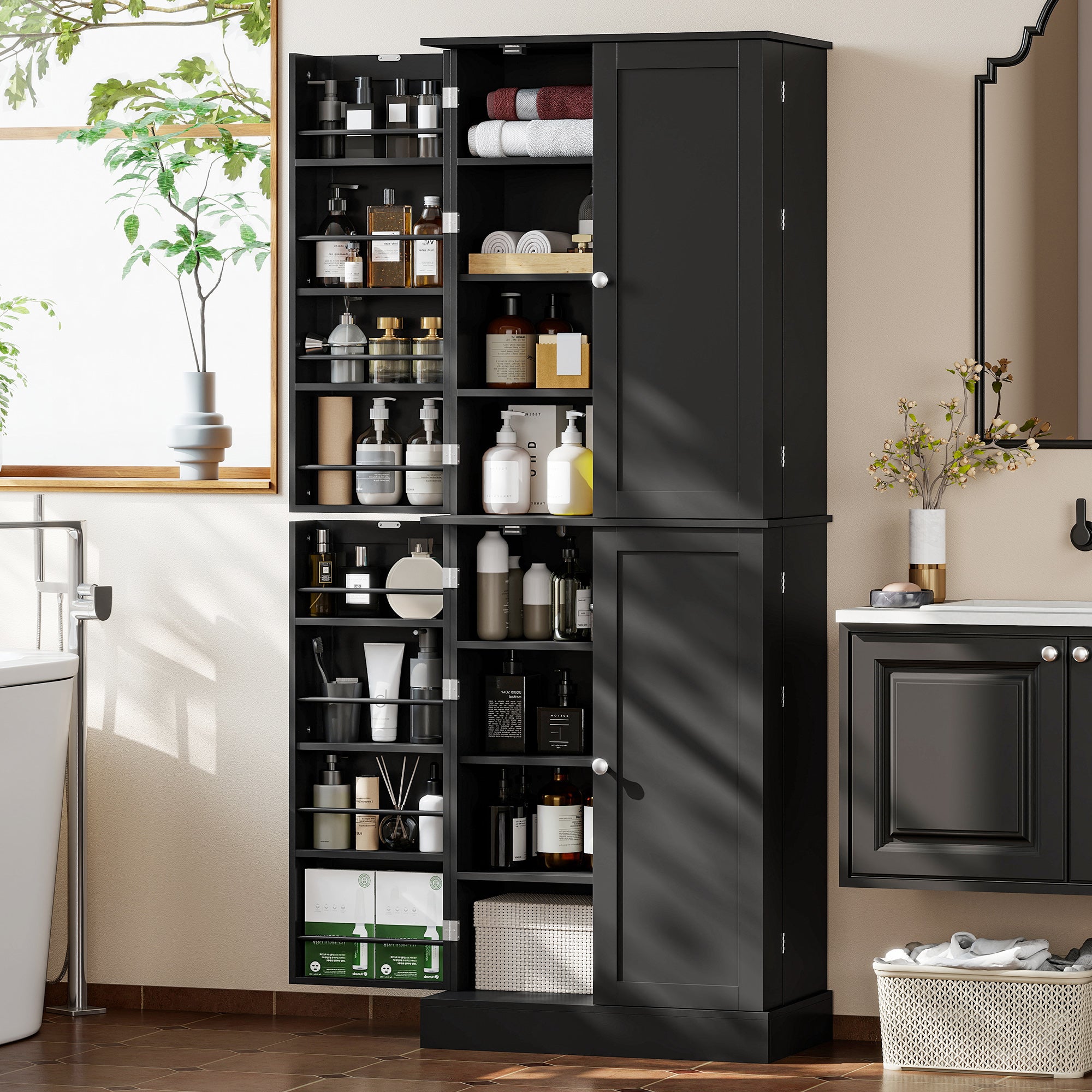 65" Kitchen Pantry Cabinet, Modern Storage Cabinet with Doors and Shelves, Freestanding Cupboard for Dining Room, Black