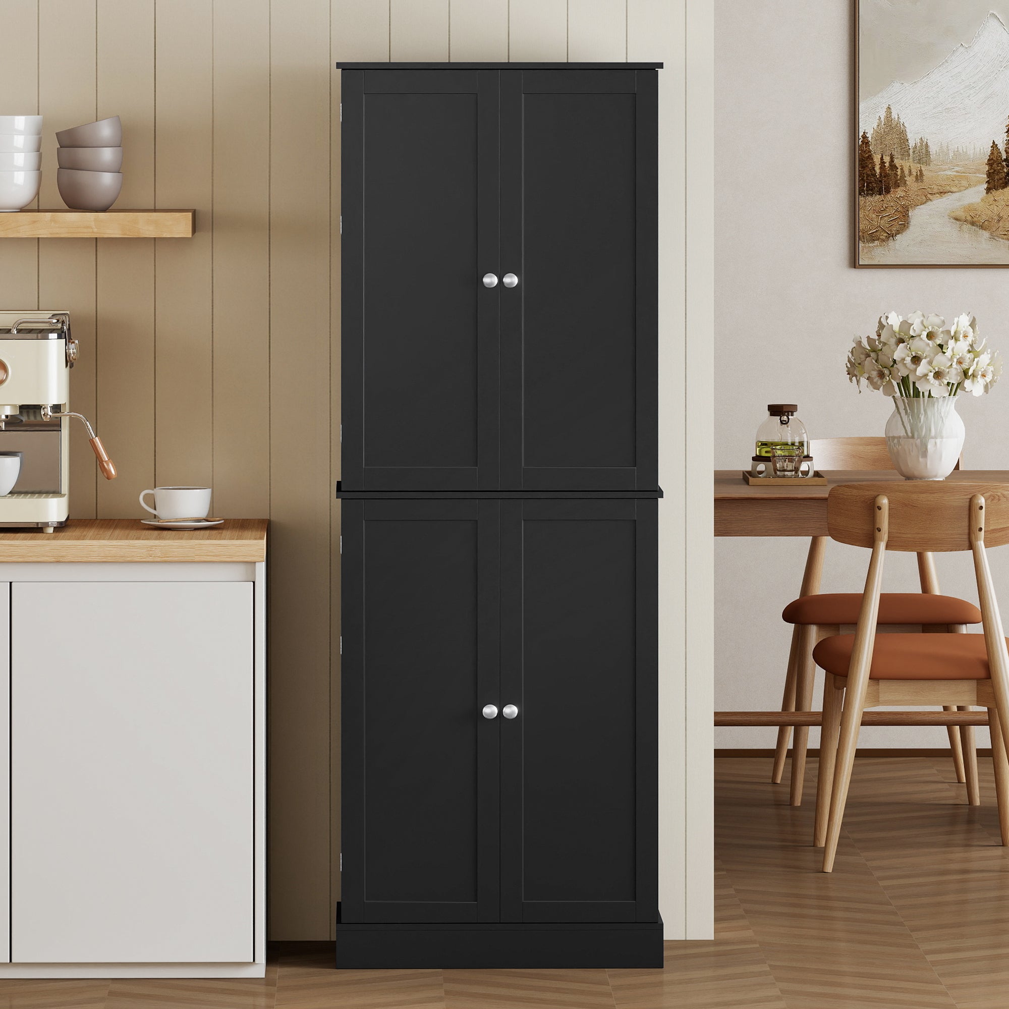 65" Kitchen Pantry Cabinet, Modern Storage Cabinet with Doors and Shelves, Freestanding Cupboard for Dining Room, Black