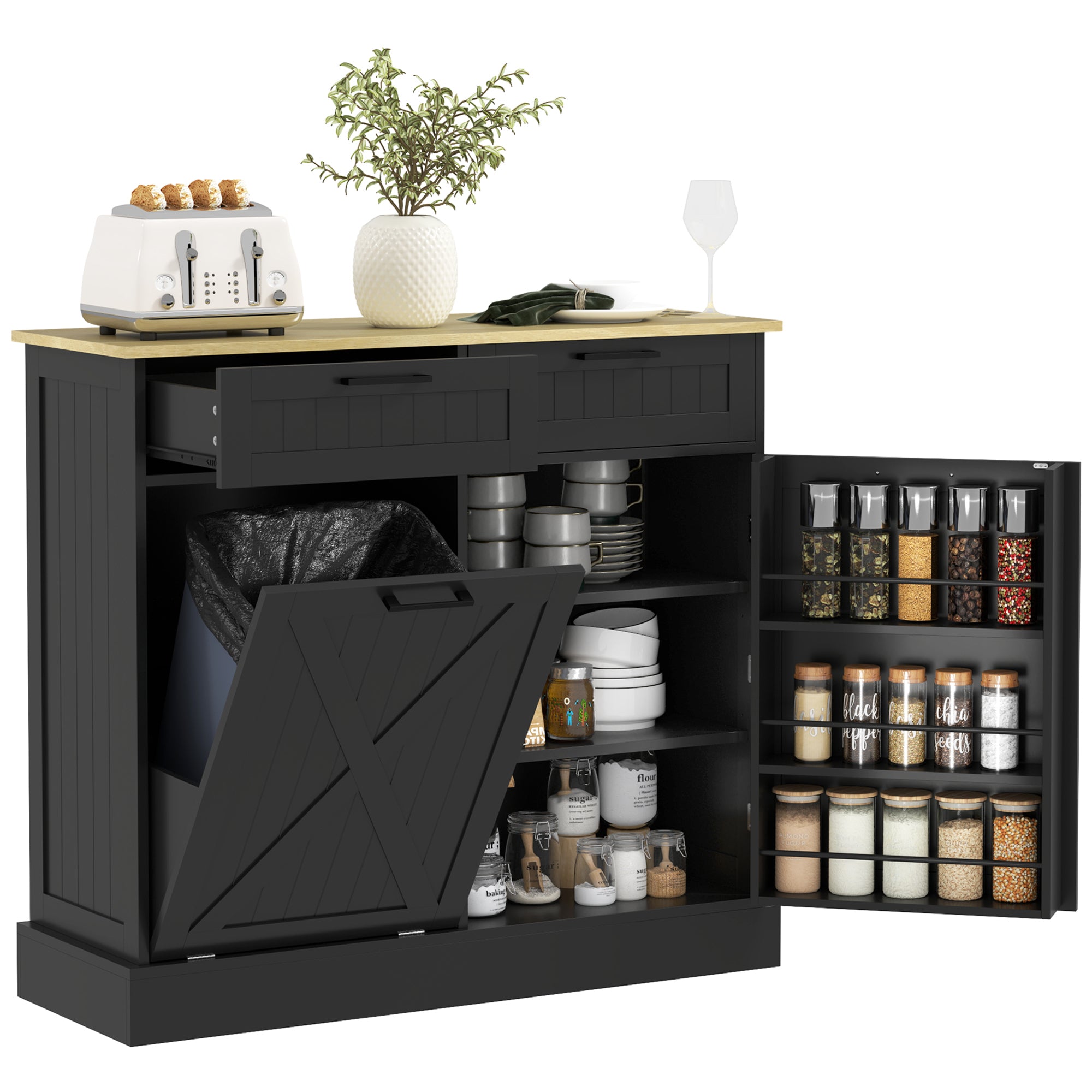 HOMCOM Tilt Out Trash Cabinet, Freestanding Kitchen Island with 2 Drawers, Hidden Garbage Bin Cabinet with Spice Rack for Laundry, Hallway, Black